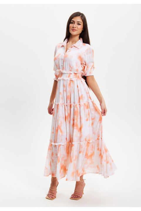 Elasticated Waist Dip Dye Shirt Dress In Orange SNL007