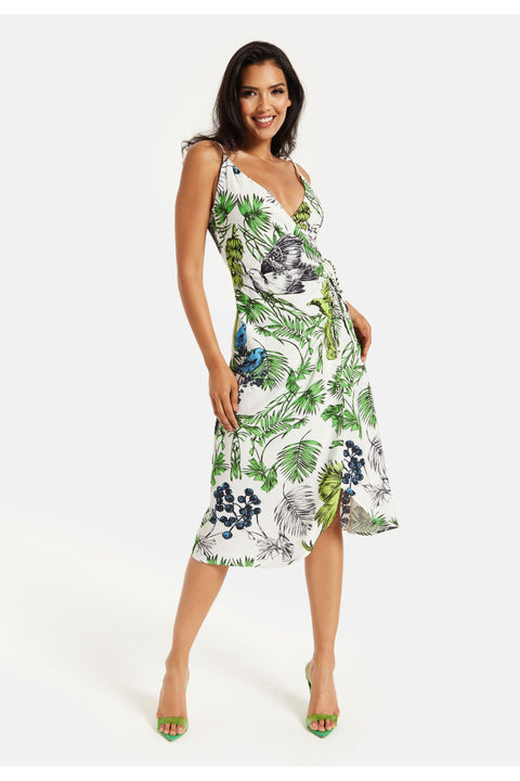 Bird And Floral Print Midi Wrap Dress by Liquorish