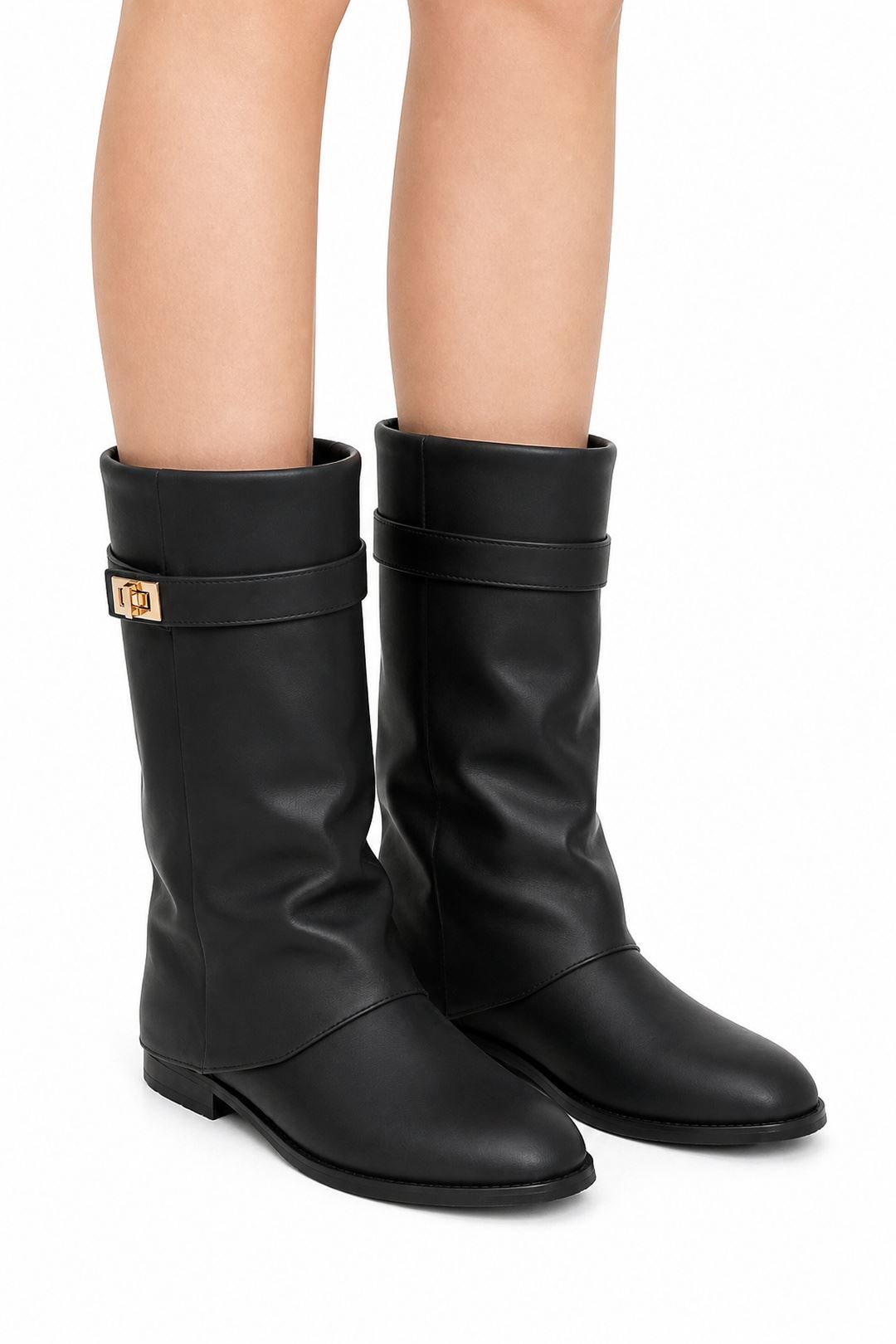 Isley Round Toe Gold Trim Buckle Fold Over Knee High Boots In Black Matt WISPA15-BLKMT