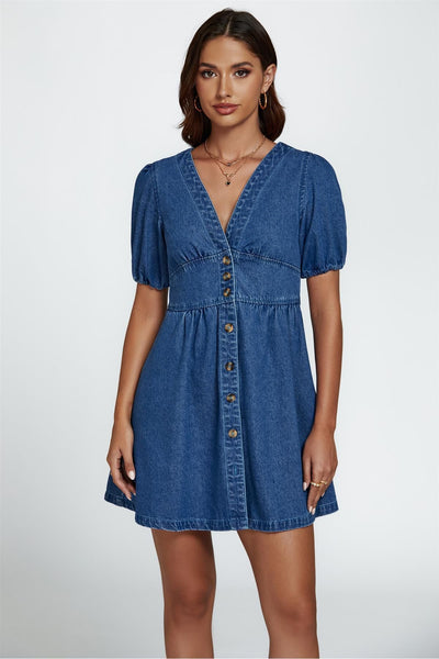 Blue - Denim Mini Dress In Blue by FS Collection