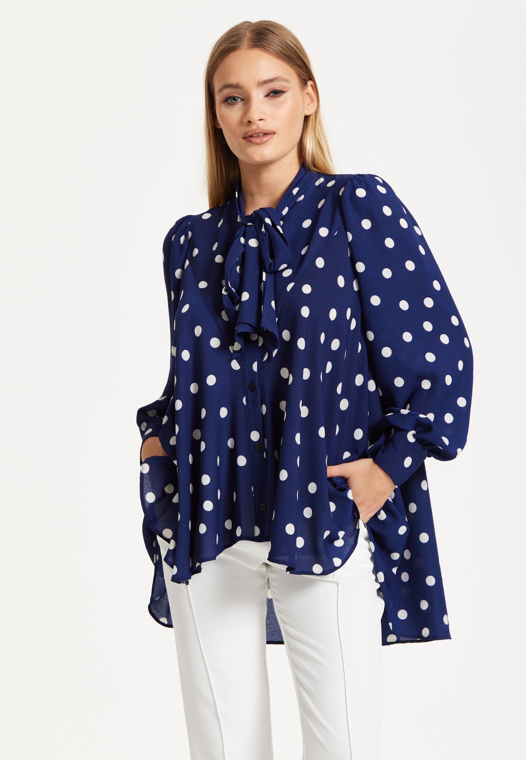 Navy Polka Dot Flared Hem Blouse 25SS8866009