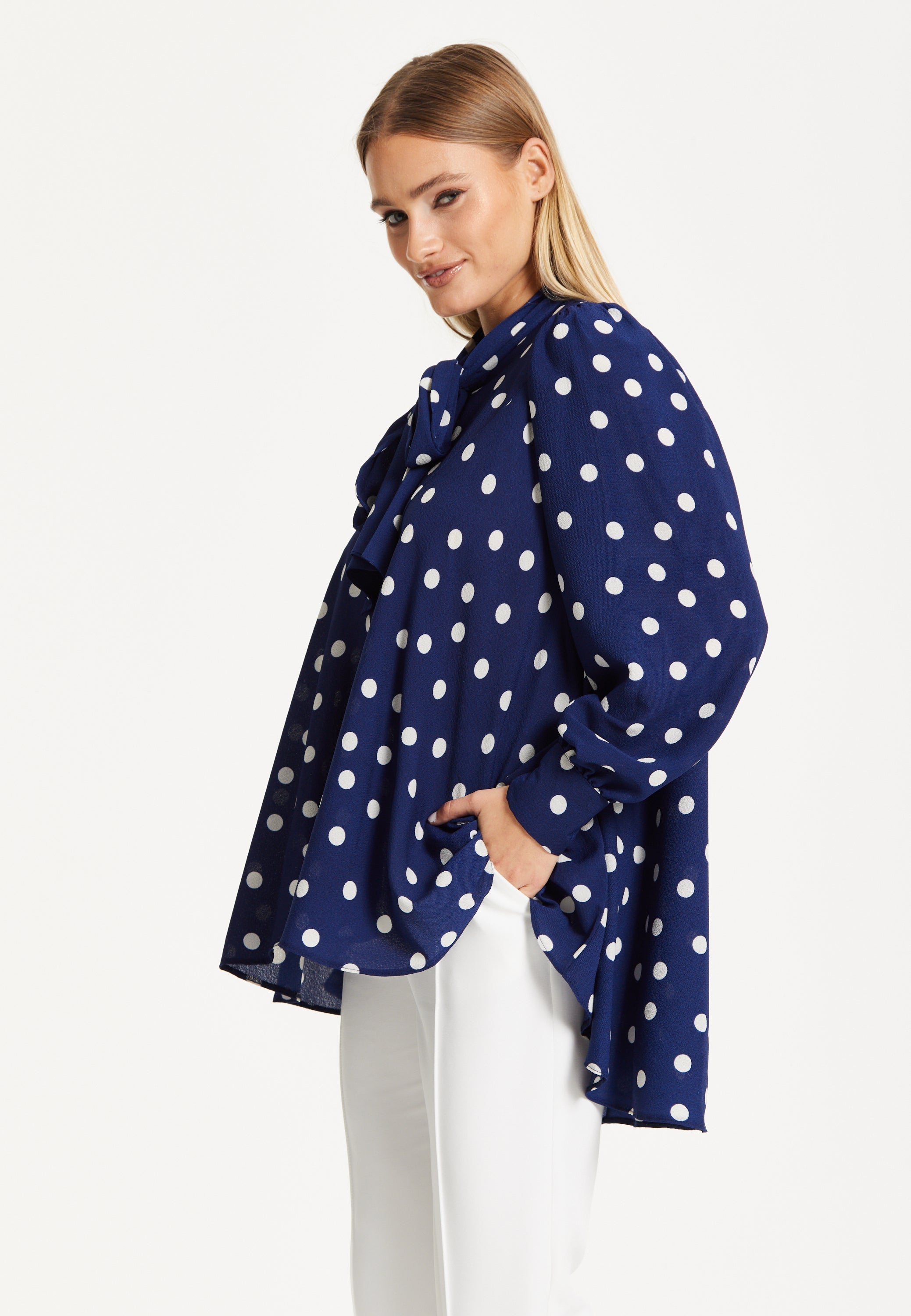Navy Polka Dot Flared Hem Blouse 25SS8866009