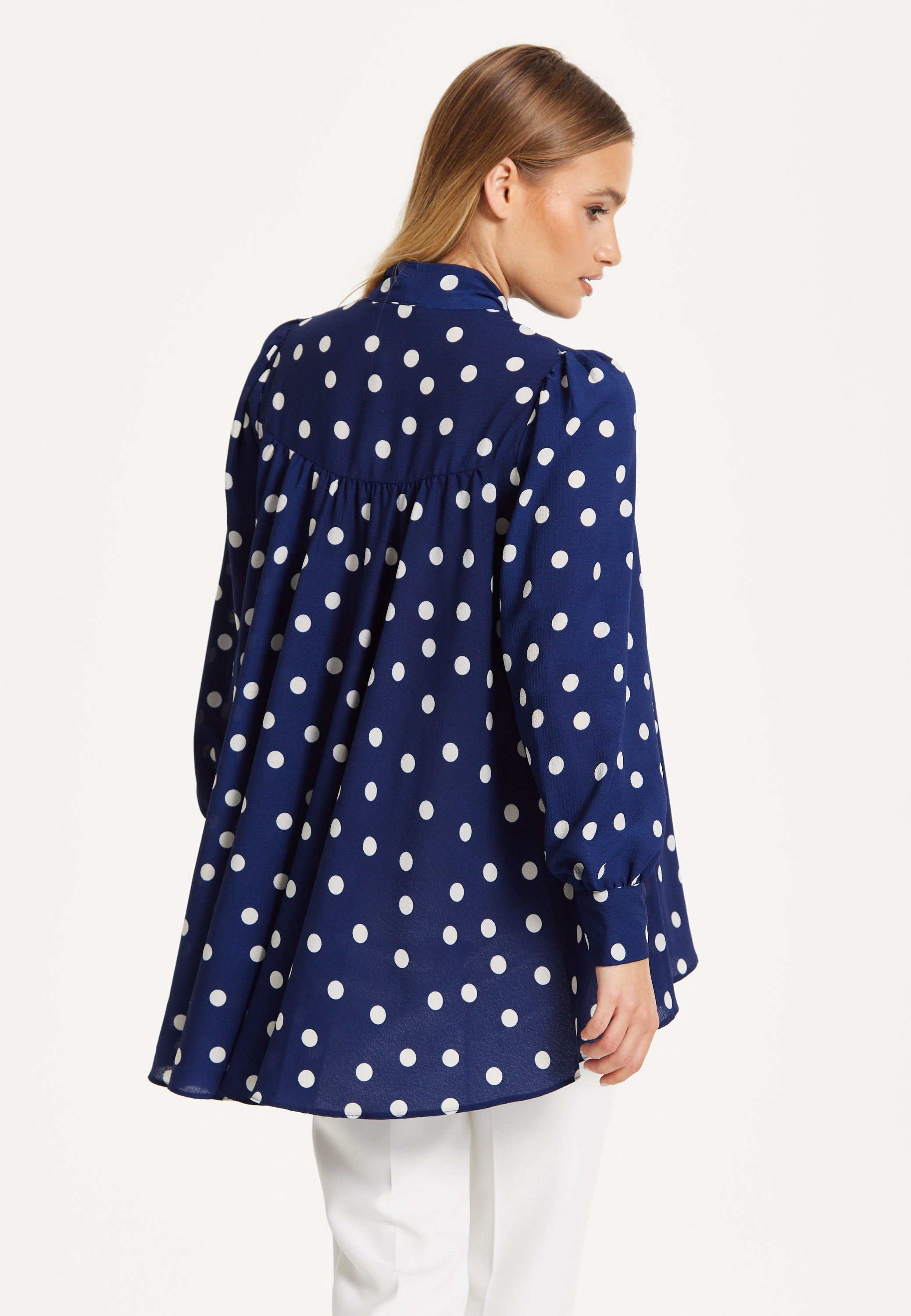 Navy Polka Dot Flared Hem Blouse 25SS8866009
