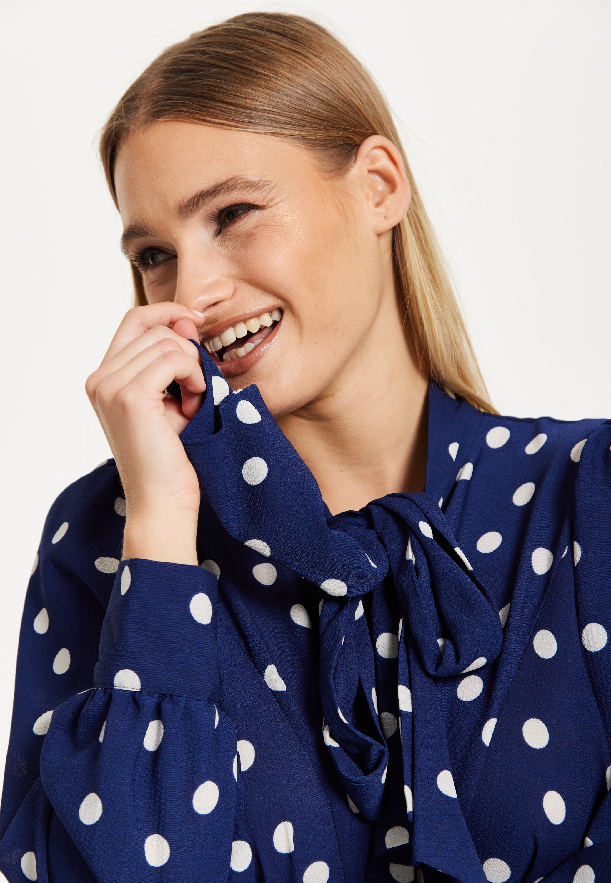 Navy Polka Dot Flared Hem Blouse 25SS8866009
