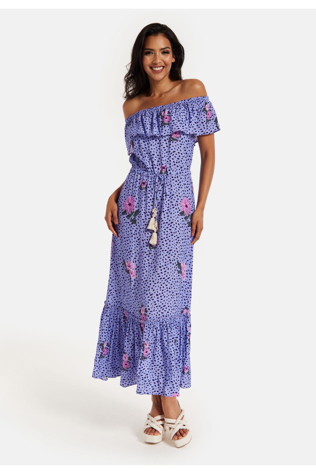 Animal And Floral Print Off Shoulder Maxi Dress In Purple TRDROS003