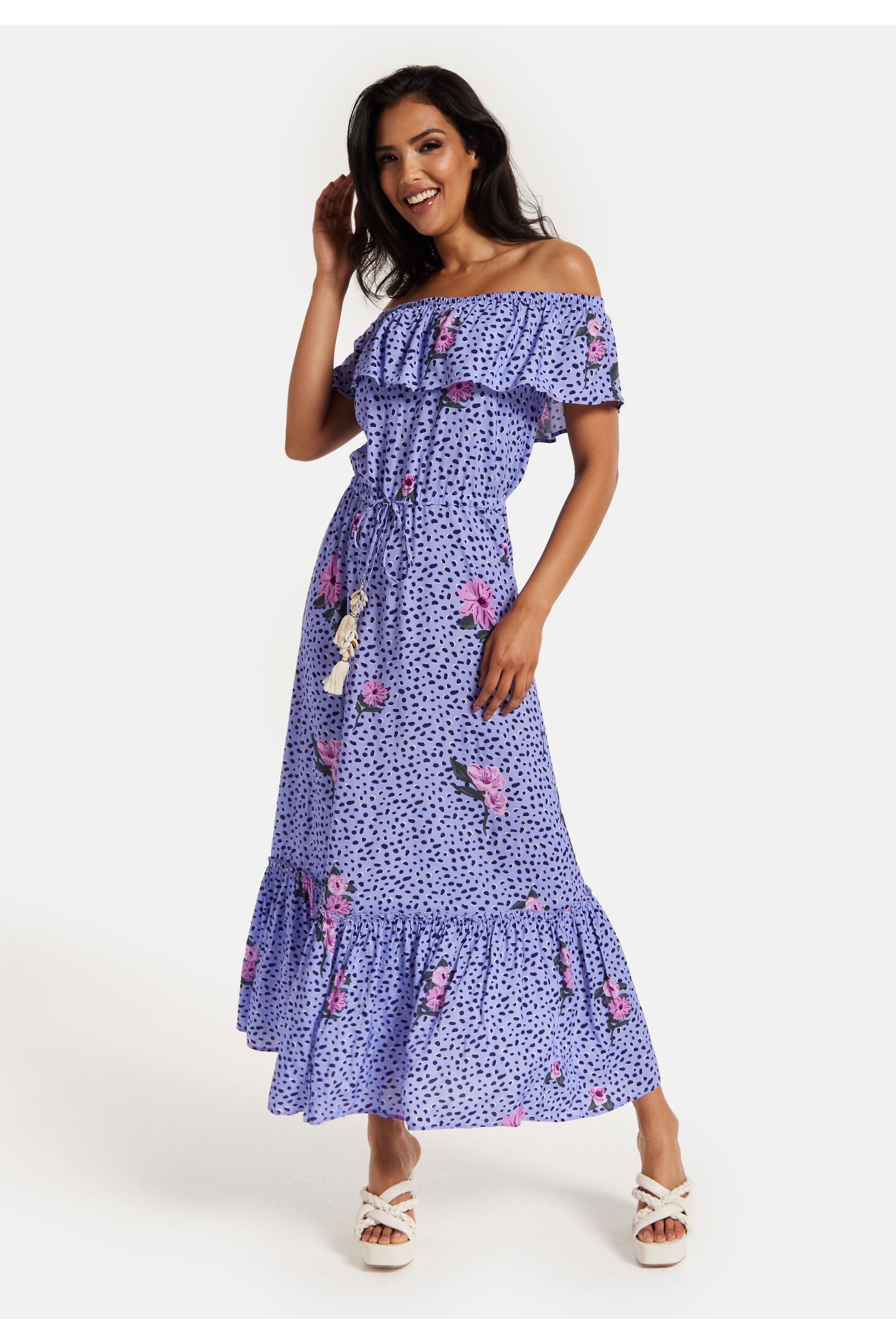 Animal And Floral Print Off Shoulder Maxi Dress In Purple TRDROS003