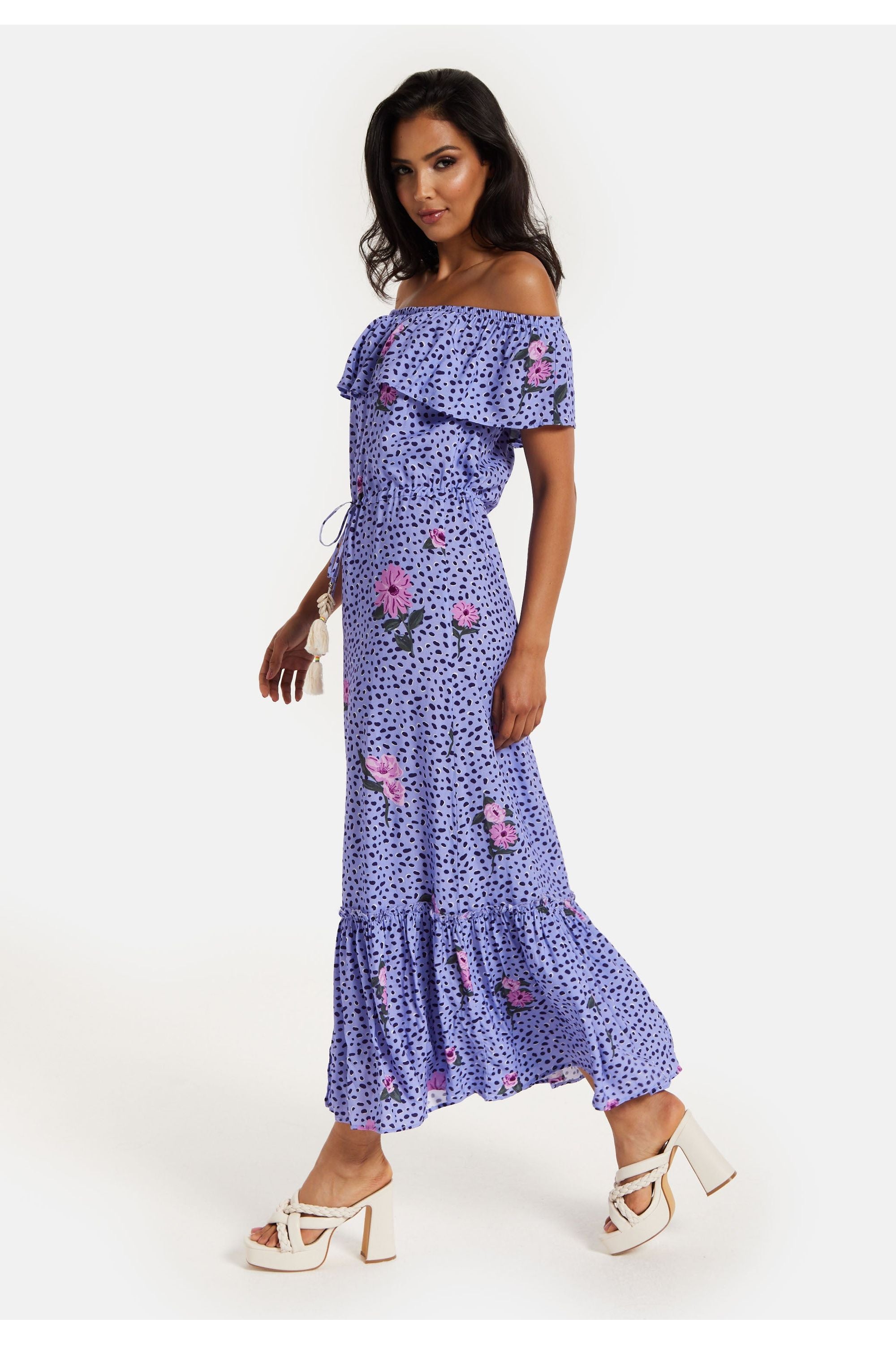 Animal And Floral Print Off Shoulder Maxi Dress In Purple TRDROS003