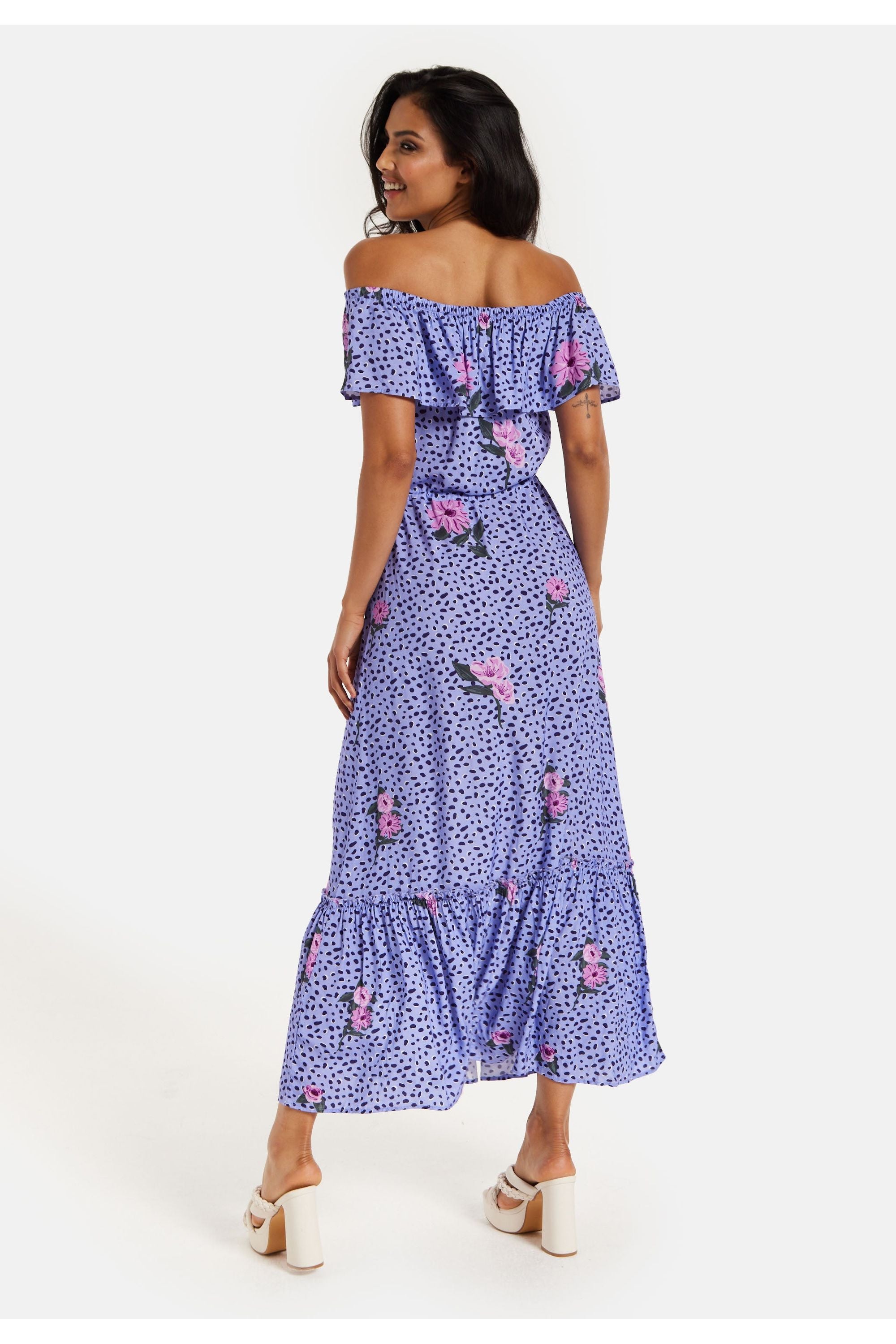 Animal And Floral Print Off Shoulder Maxi Dress In Purple TRDROS003