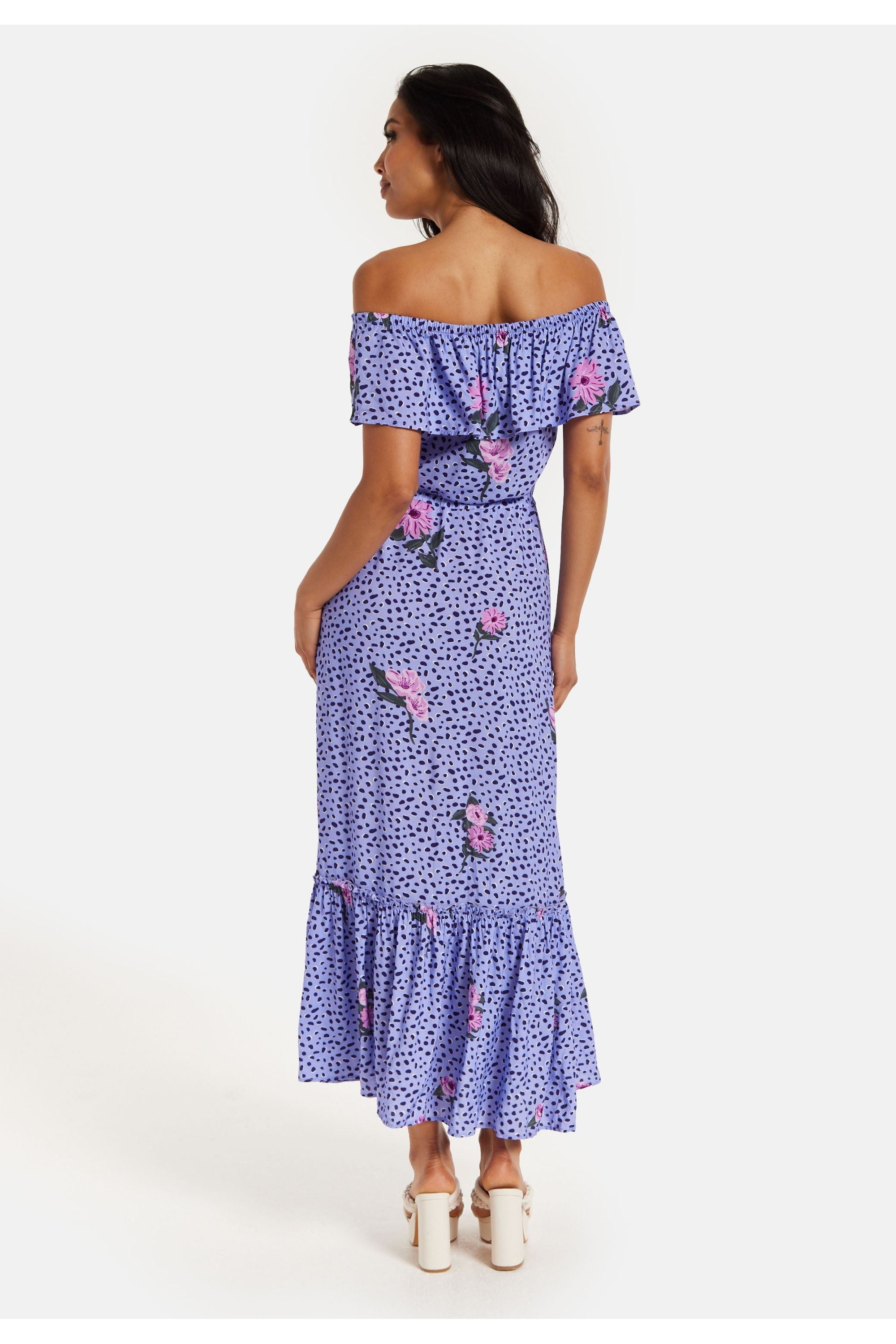 Animal And Floral Print Off Shoulder Maxi Dress In Purple TRDROS003