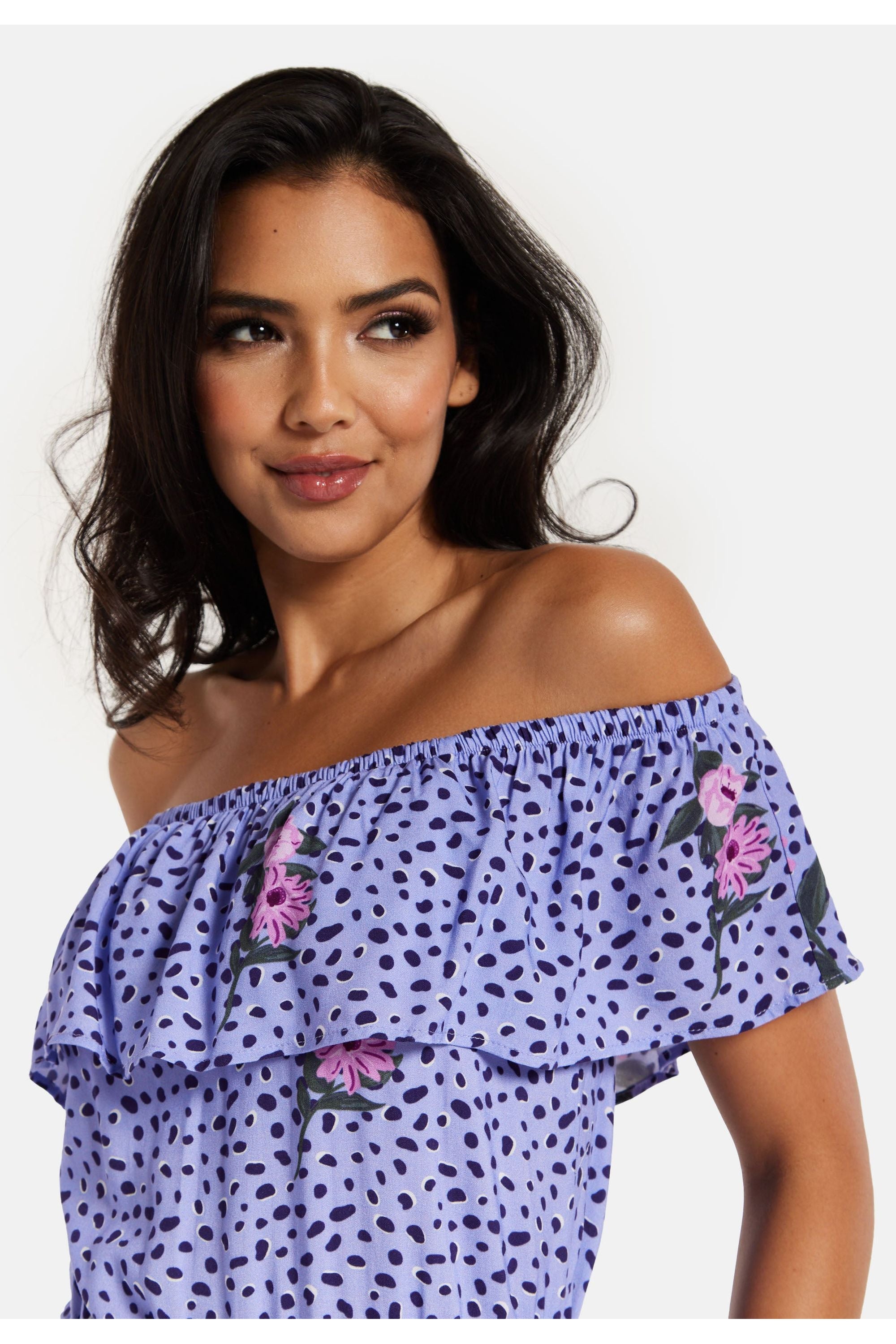 Animal And Floral Print Off Shoulder Maxi Dress In Purple TRDROS003