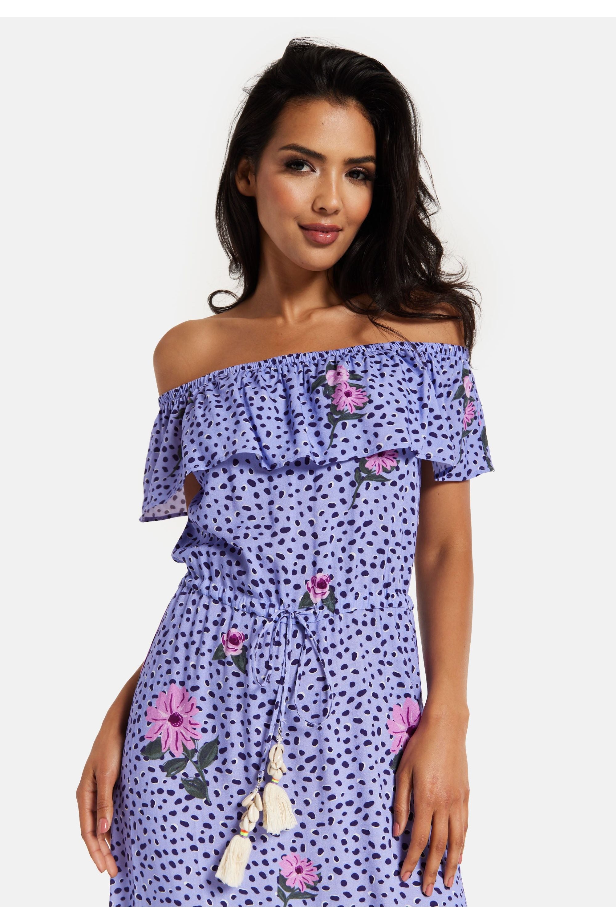 Animal And Floral Print Off Shoulder Maxi Dress In Purple TRDROS003