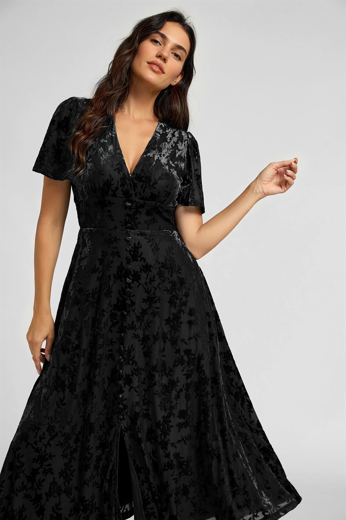 Floral Velvet Devore V Neckline Dress In Black FS909