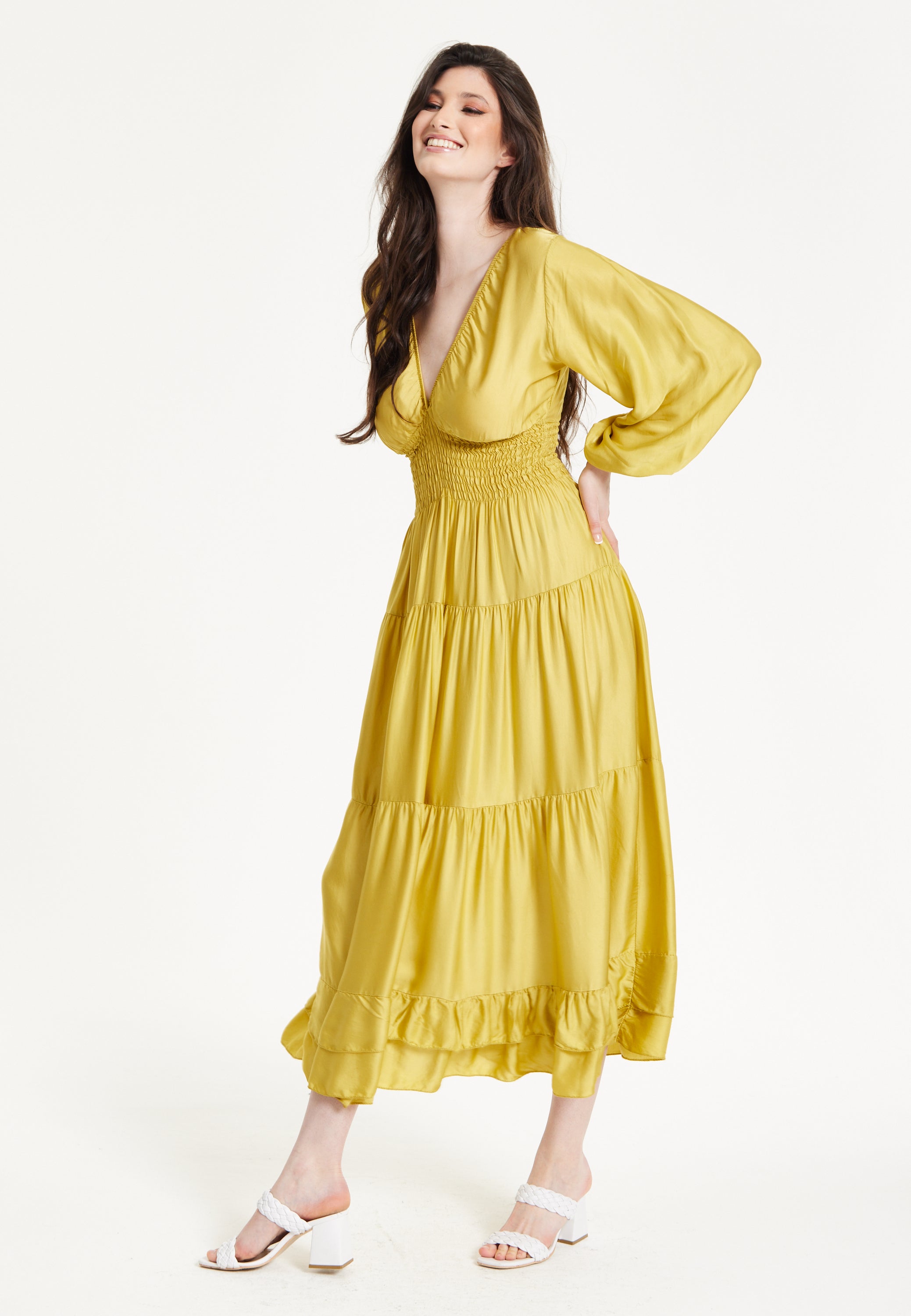 Yellow Smocked Waist Midi Dress 25SS8867004