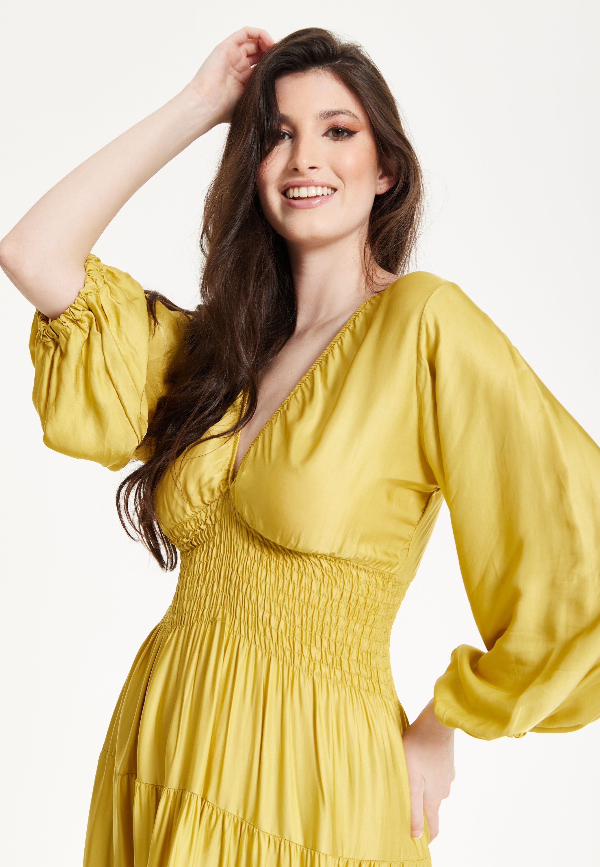 Yellow Smocked Waist Midi Dress 25SS8867004