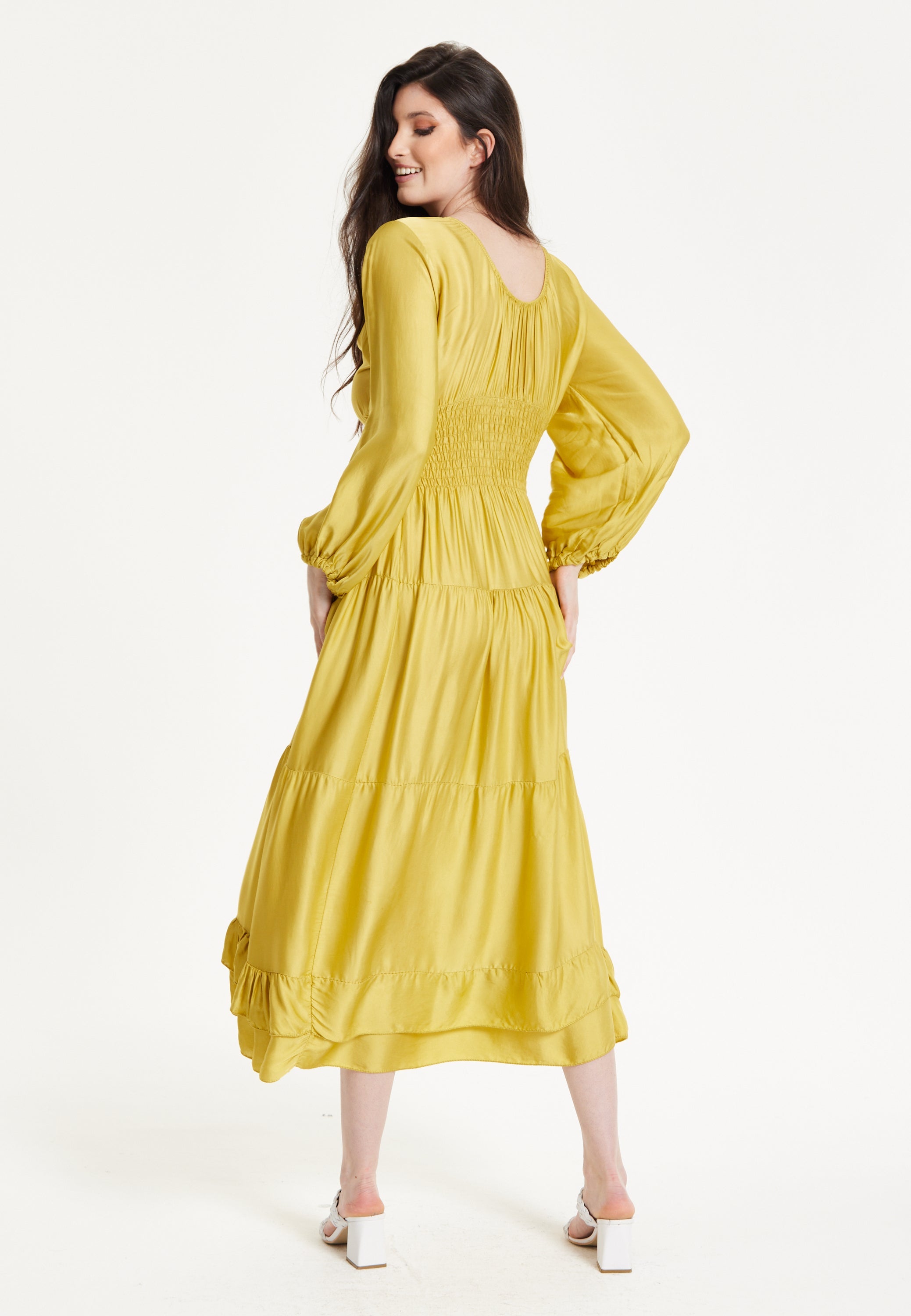 Yellow Smocked Waist Midi Dress 25SS8867004