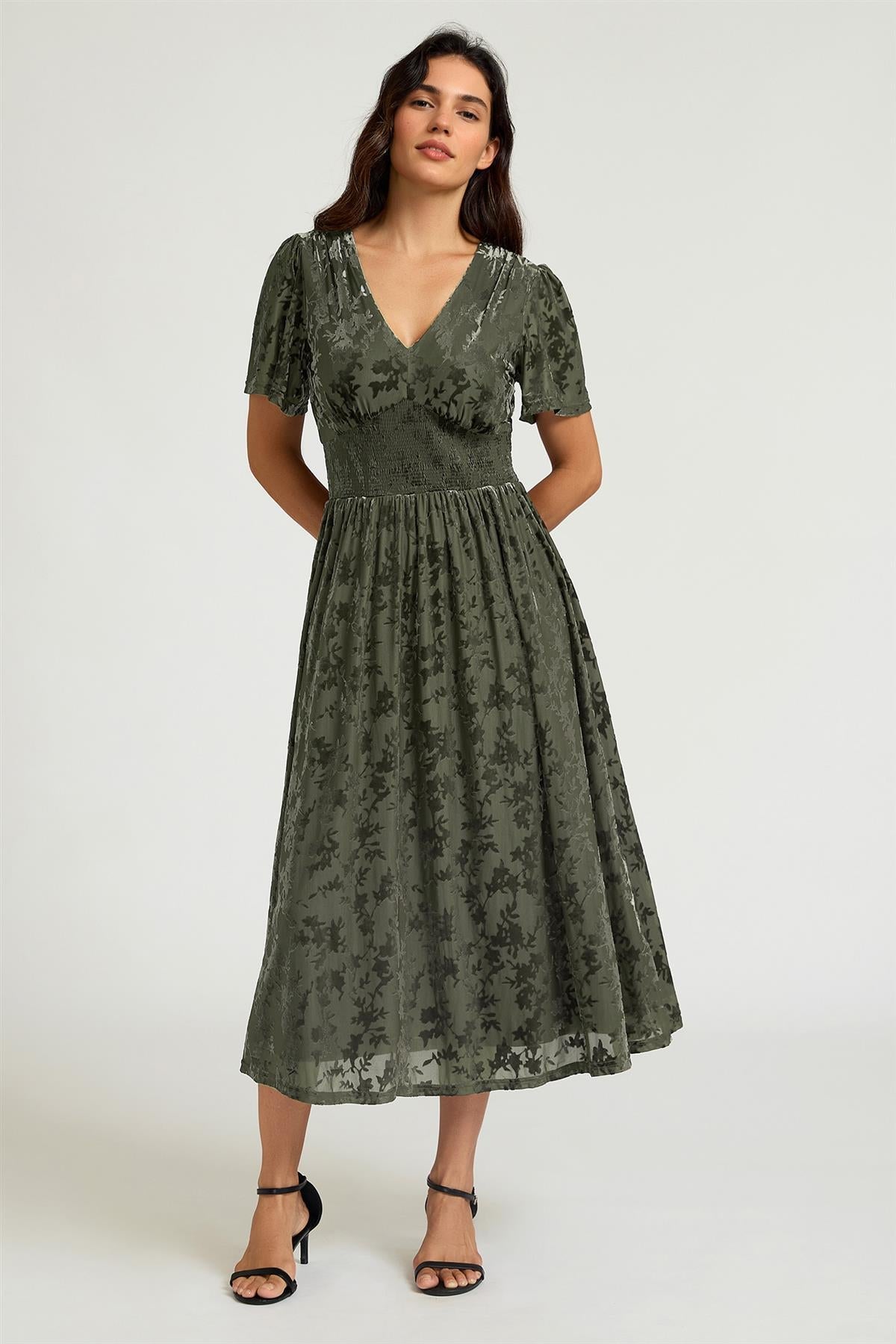 Dark Sage Velvet Burnout V-Neck Angel Sleeve Midi Dress FS955