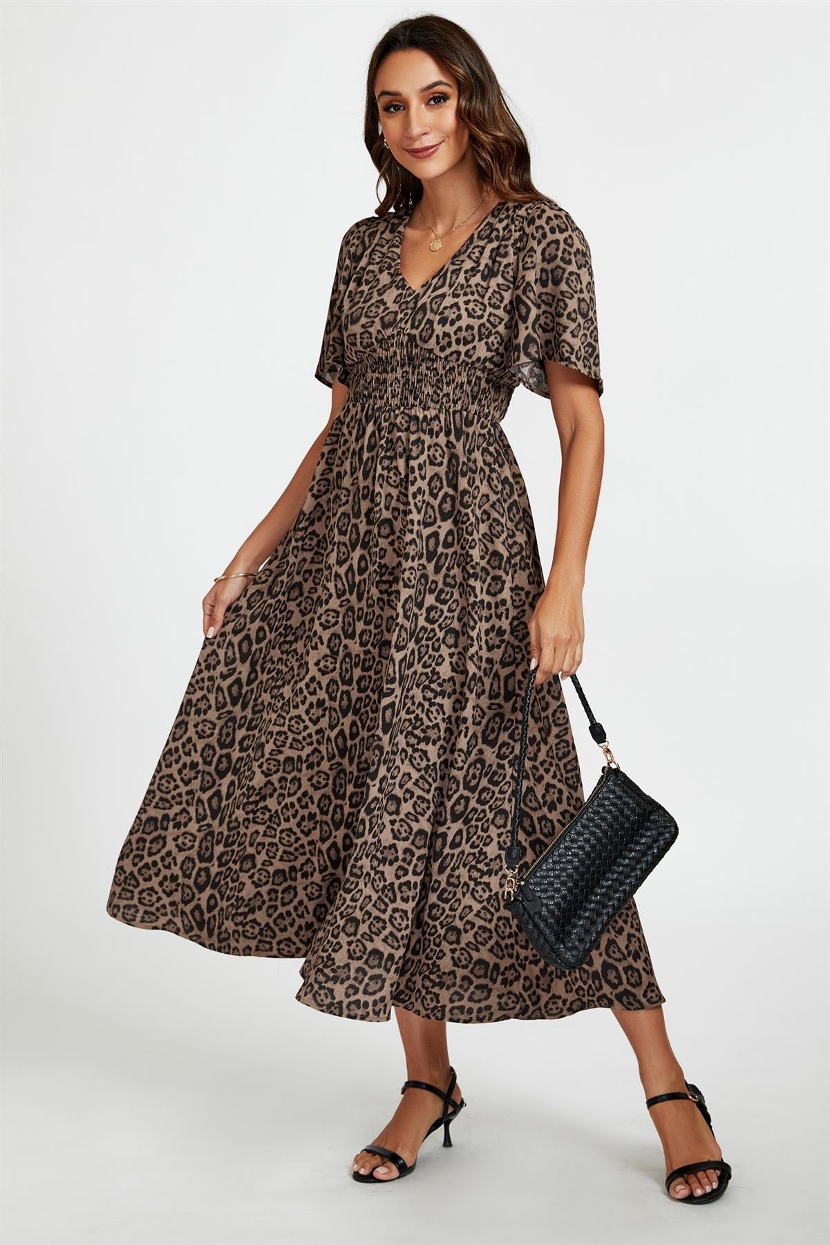 Leopard Print V Neck Midi Dress In Brown FS763-BrownLeopard