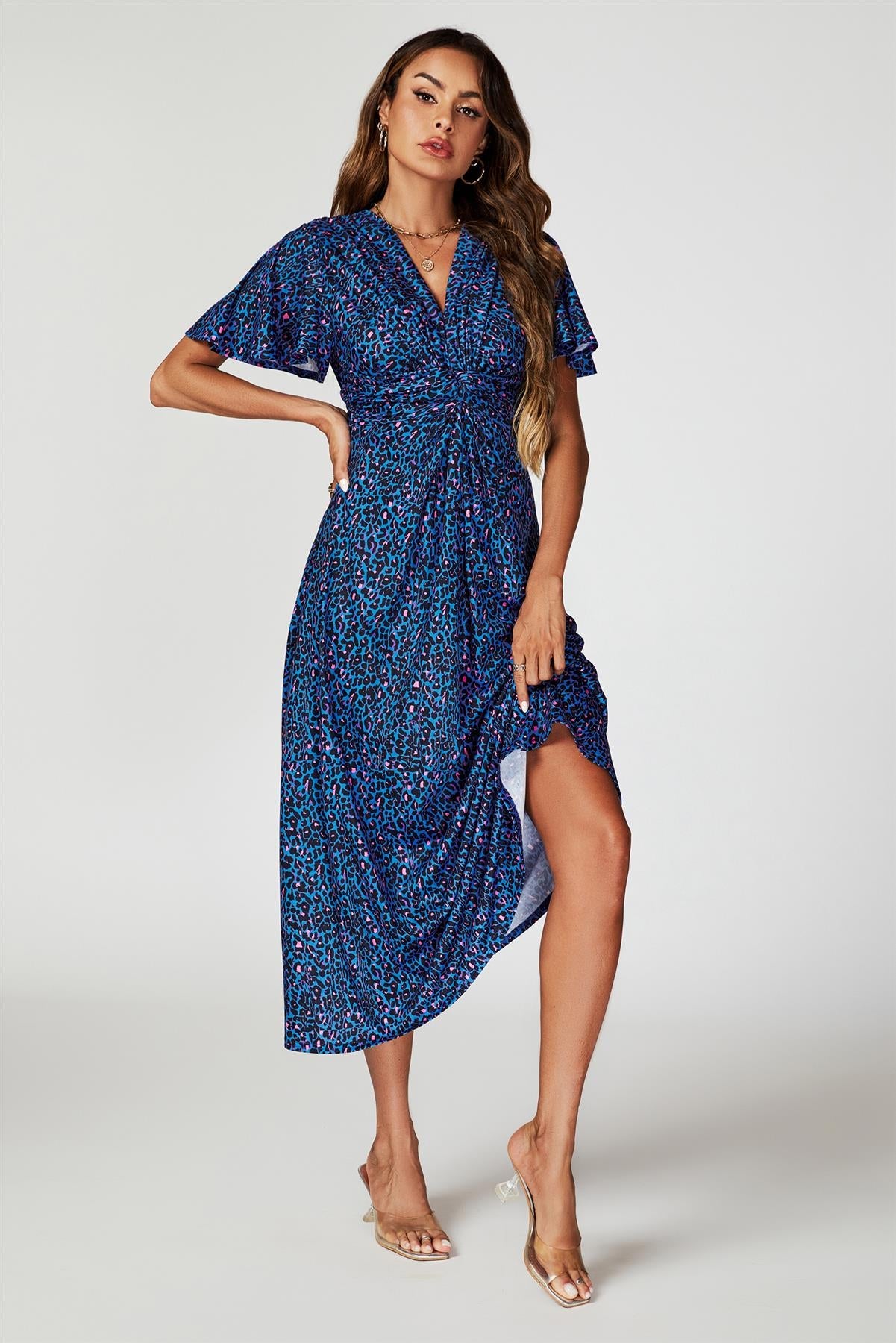 Animal Print Angel Sleeve Twist Maxi Dress In Blue FS742-BlueLeopard