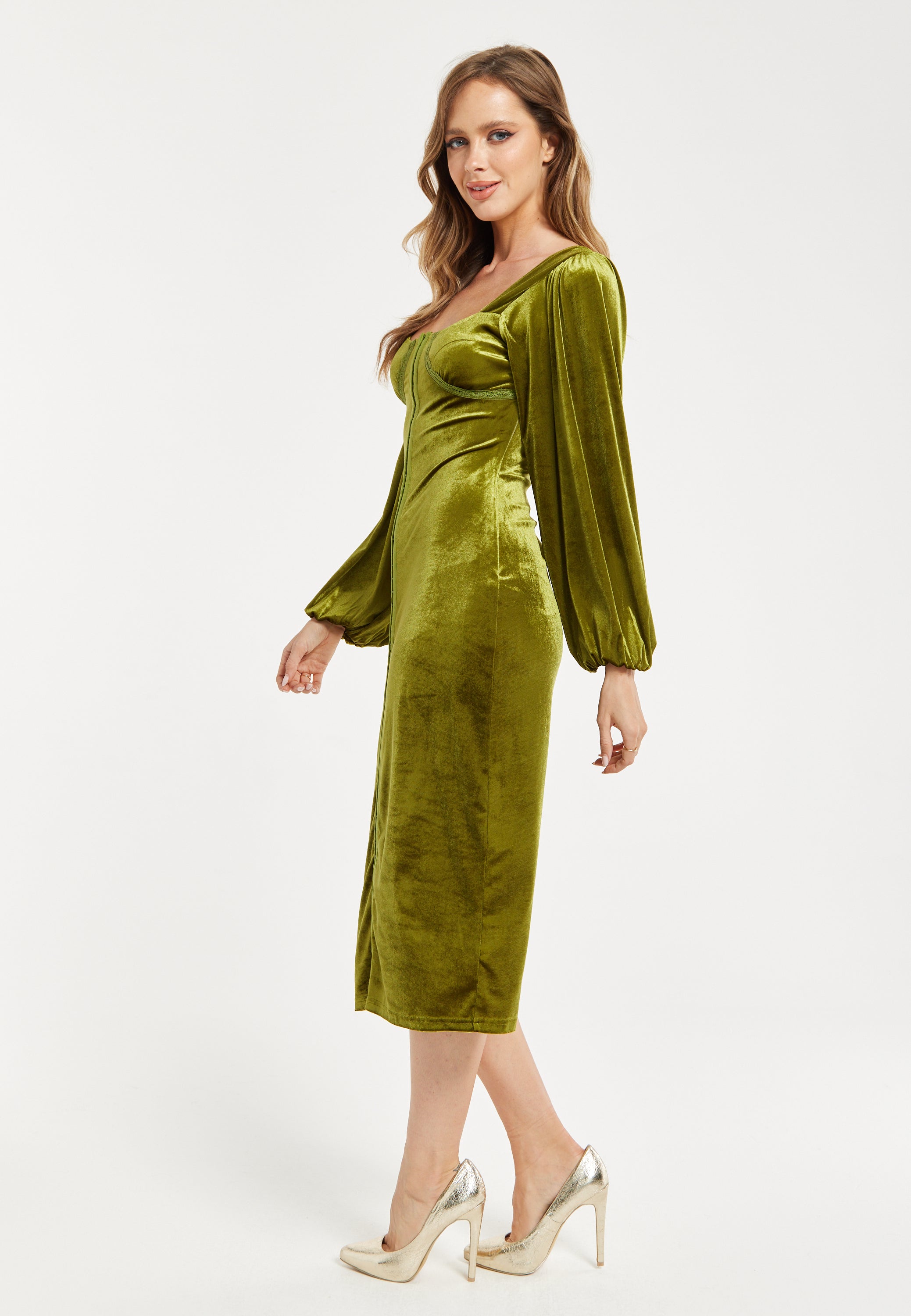 Women's Midi Dress With Balloon Sleeves In Luxurious Velvet - Elegant Corset Detail By Liquorish 23AW067G010