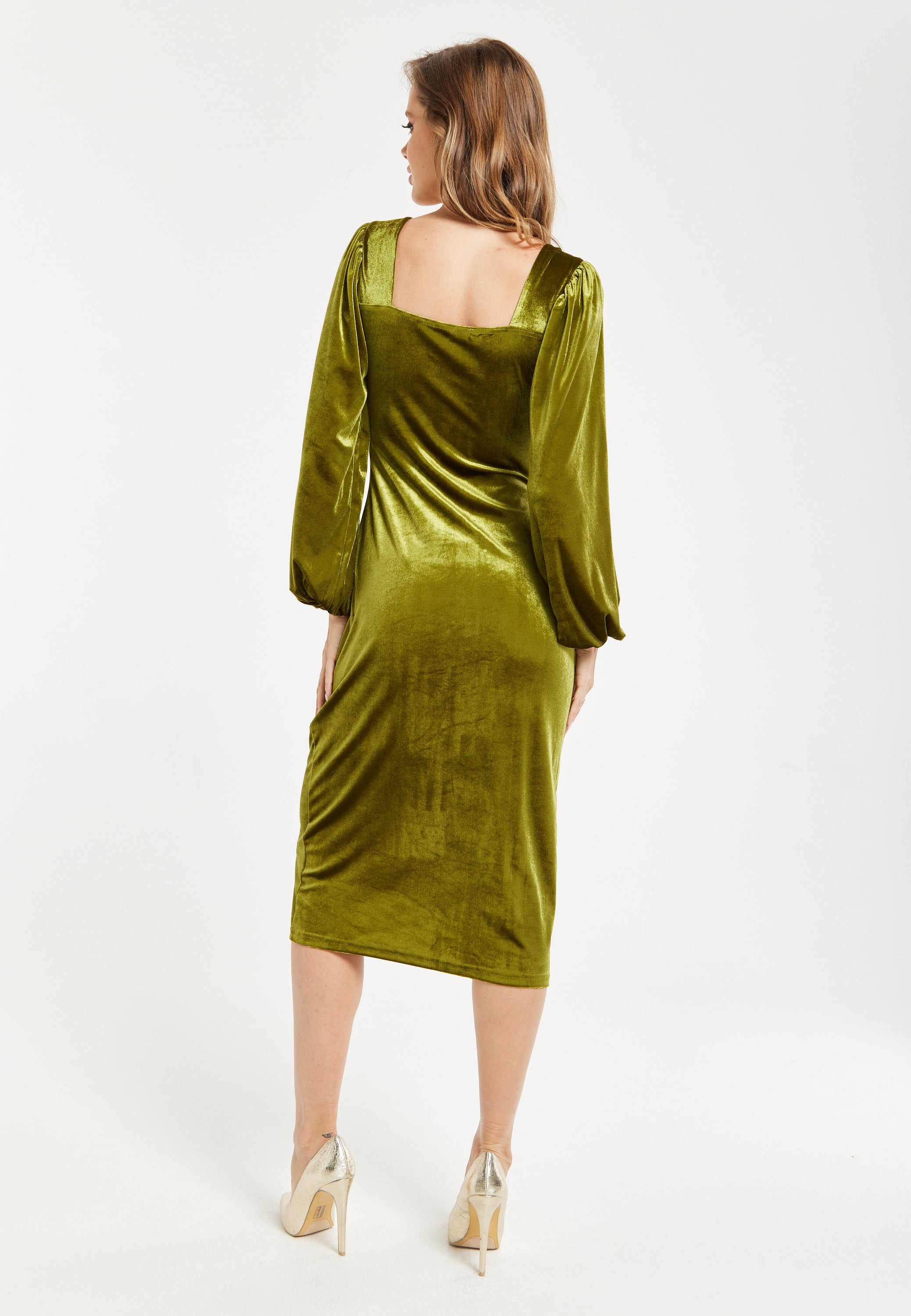 Women's Midi Dress With Balloon Sleeves In Luxurious Velvet - Elegant Corset Detail By Liquorish 23AW067G010