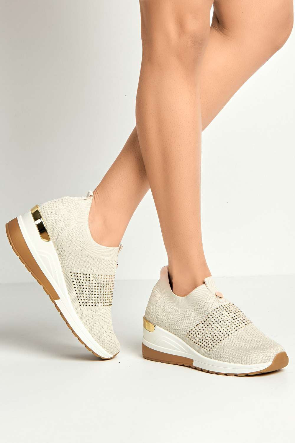 Ember Diamante Embellished Slip On Trainers In Beige CEDAR2-BEI