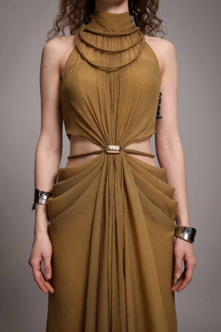 High-Neck Braided Cut-Out Draped Chiffon Maxi Dress R2510HB025