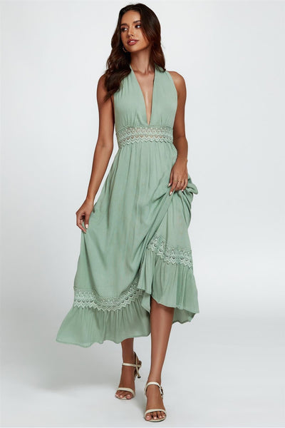 Green - Lace Detail Adjustable Deep V Neckline Maxi Dress In Green by FS Collection