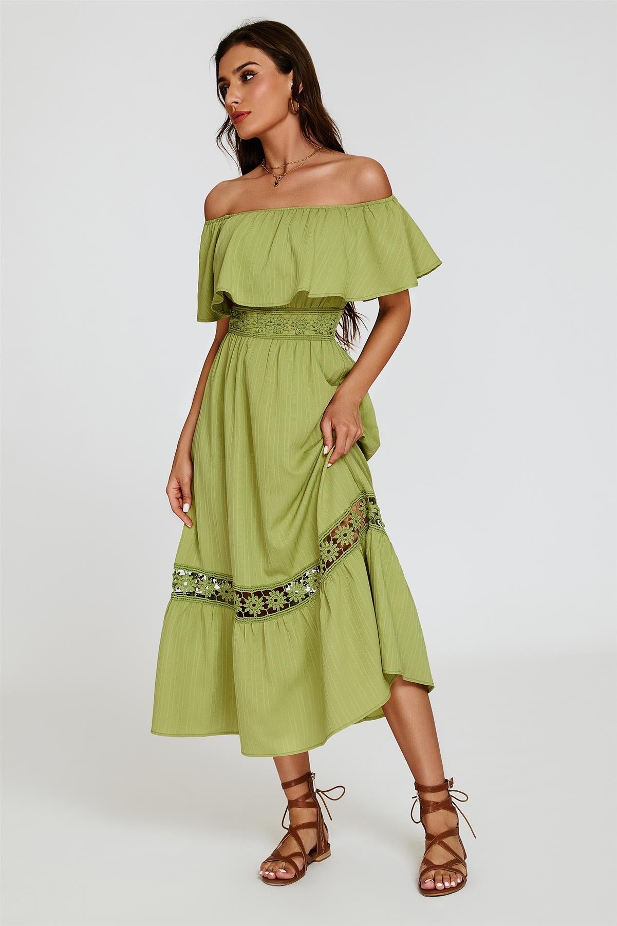 Lace Detail Bardot Maxi Dress In Green FS831-GL