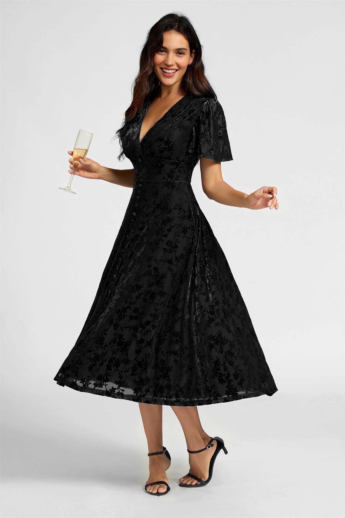 Floral Velvet Devore V Neckline Dress In Black FS909