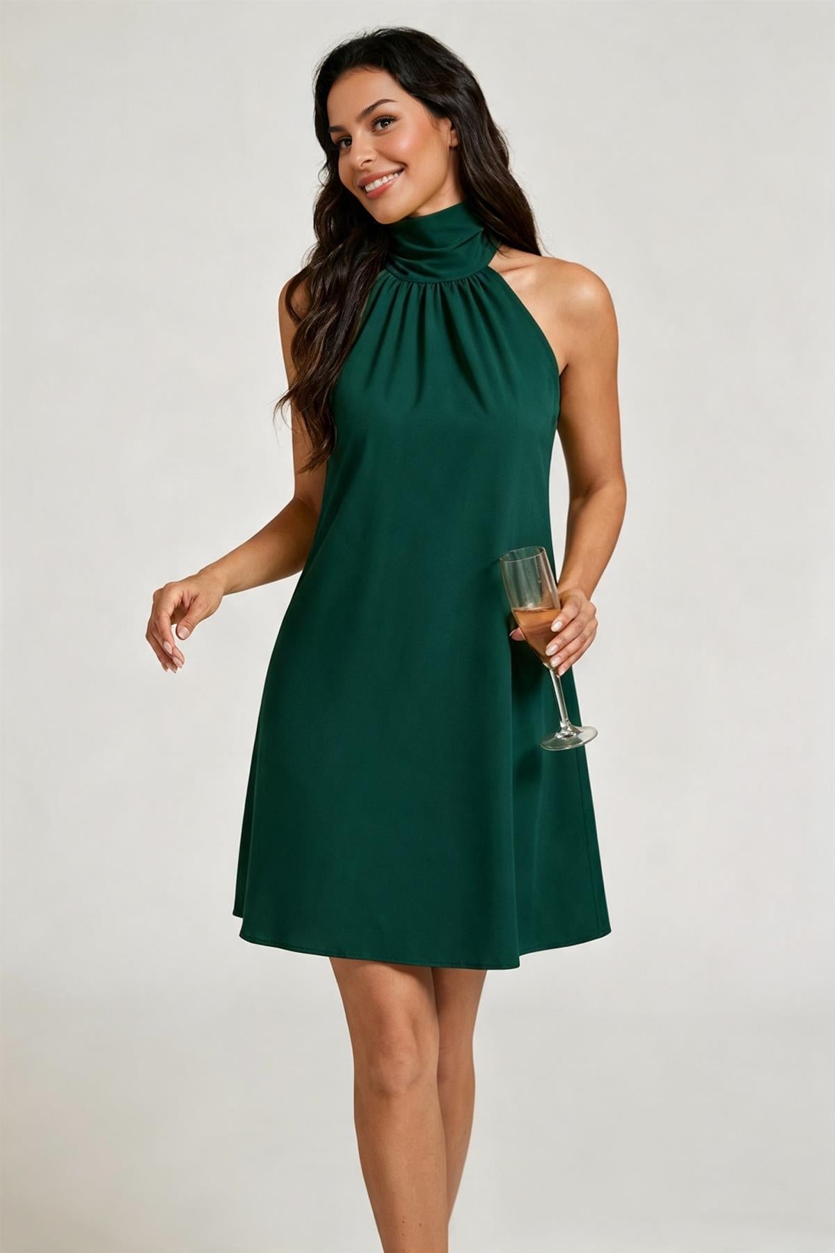 Halter Neck Tie Back Mini Dress In Forest Green FS455NEW