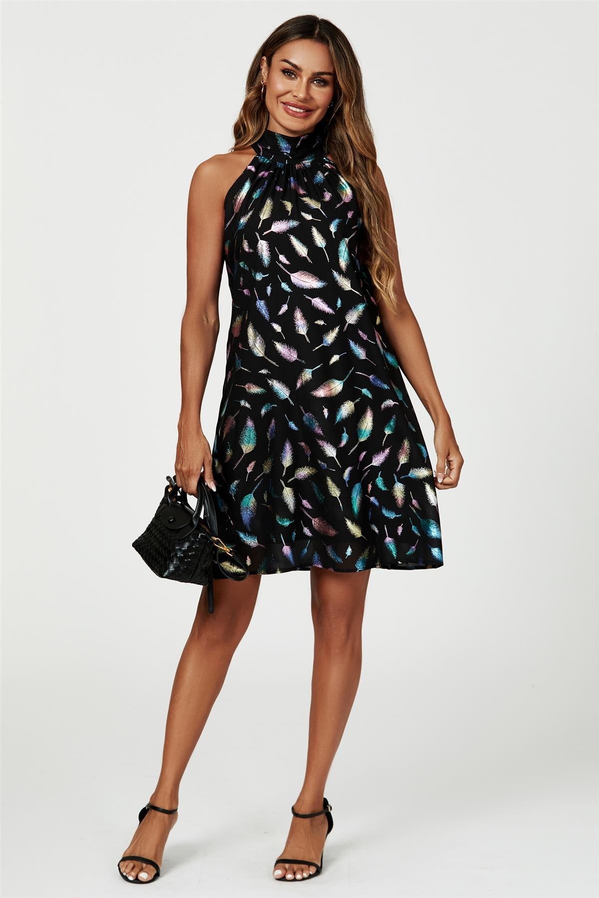 Rainbow Leaf Foil Halter Neck Tie Back Mini Dress In Black FS455-RainbowLeaf