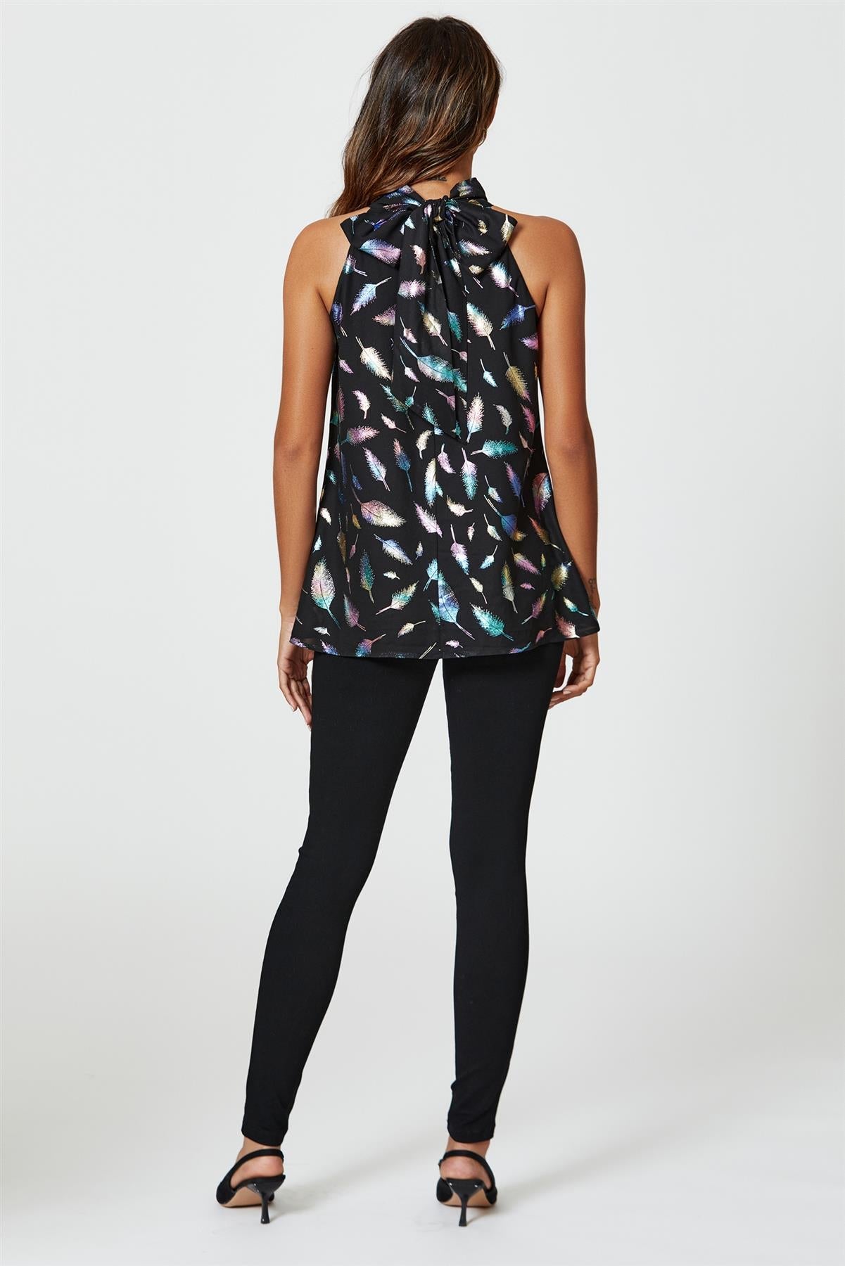 Rainbow Leaf Foil Star Halter Neck Tie Back Top In Black FS557-RainbowLeaf