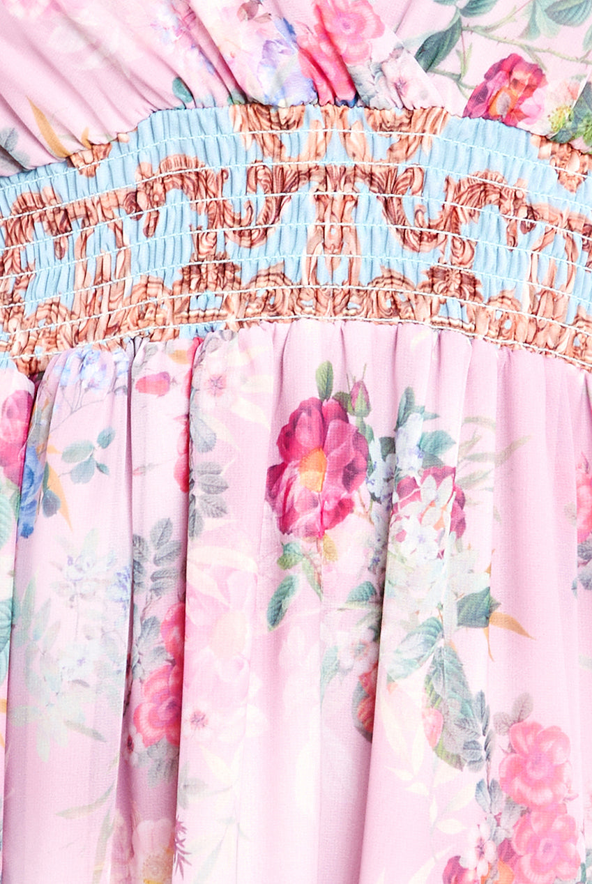 Chiffon Wrap Border Floral Print Maxi Dress - Pink DR4394