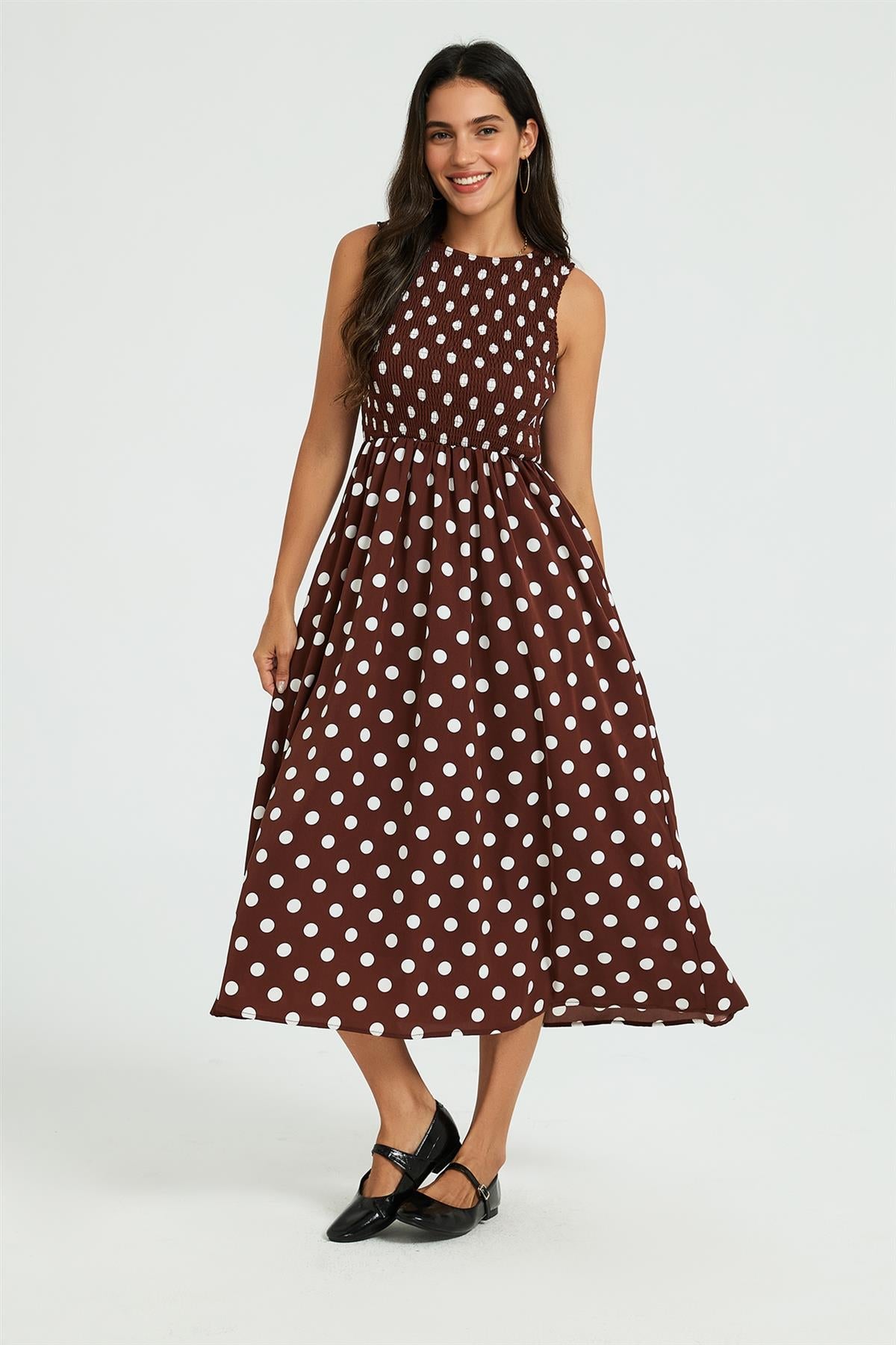 Dot Print Tie Back Sleeveless Shirred Top Midi Dress Brown FS960