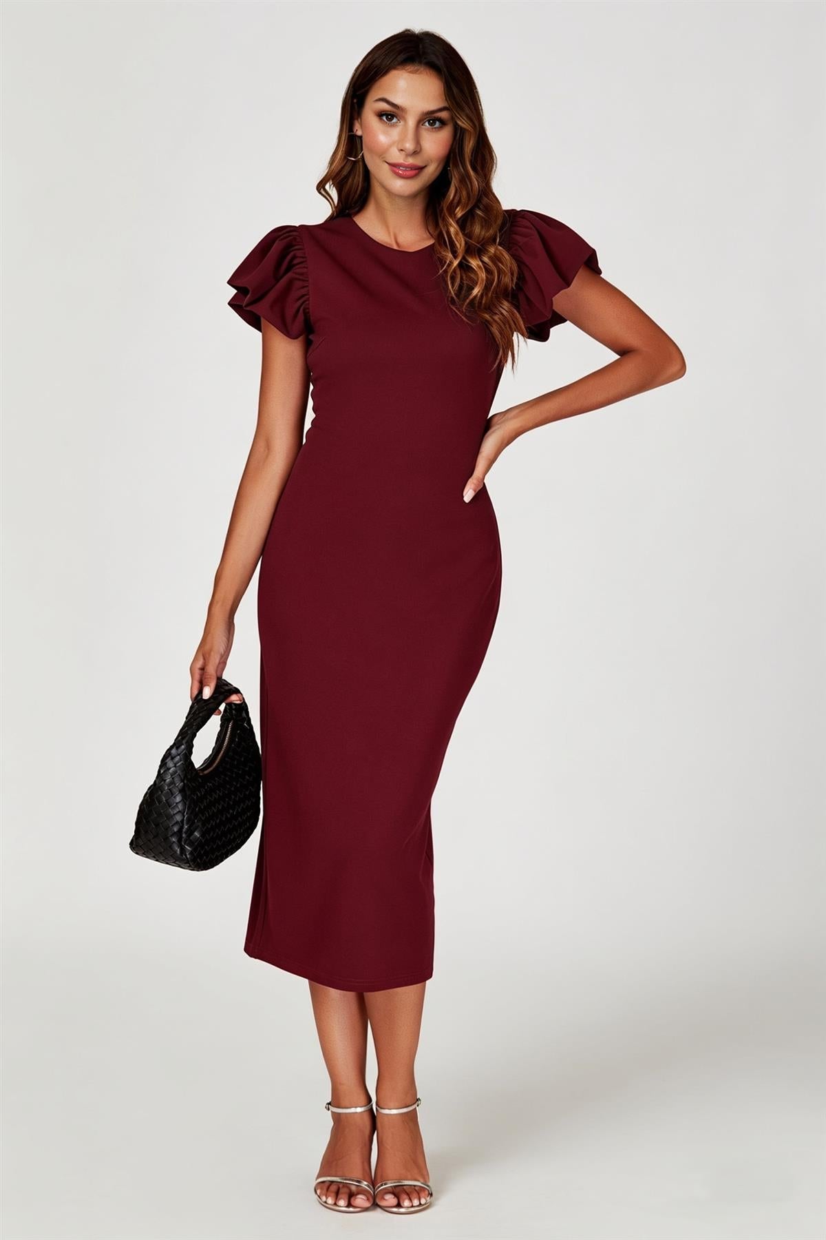 Volume Sleeve Bodycon Midi Dress In Burgundy FS770