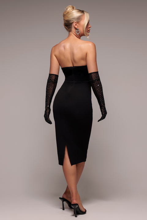 Strapless Super Plunge Diamante Neck Midi Dress - Black by Goddiva