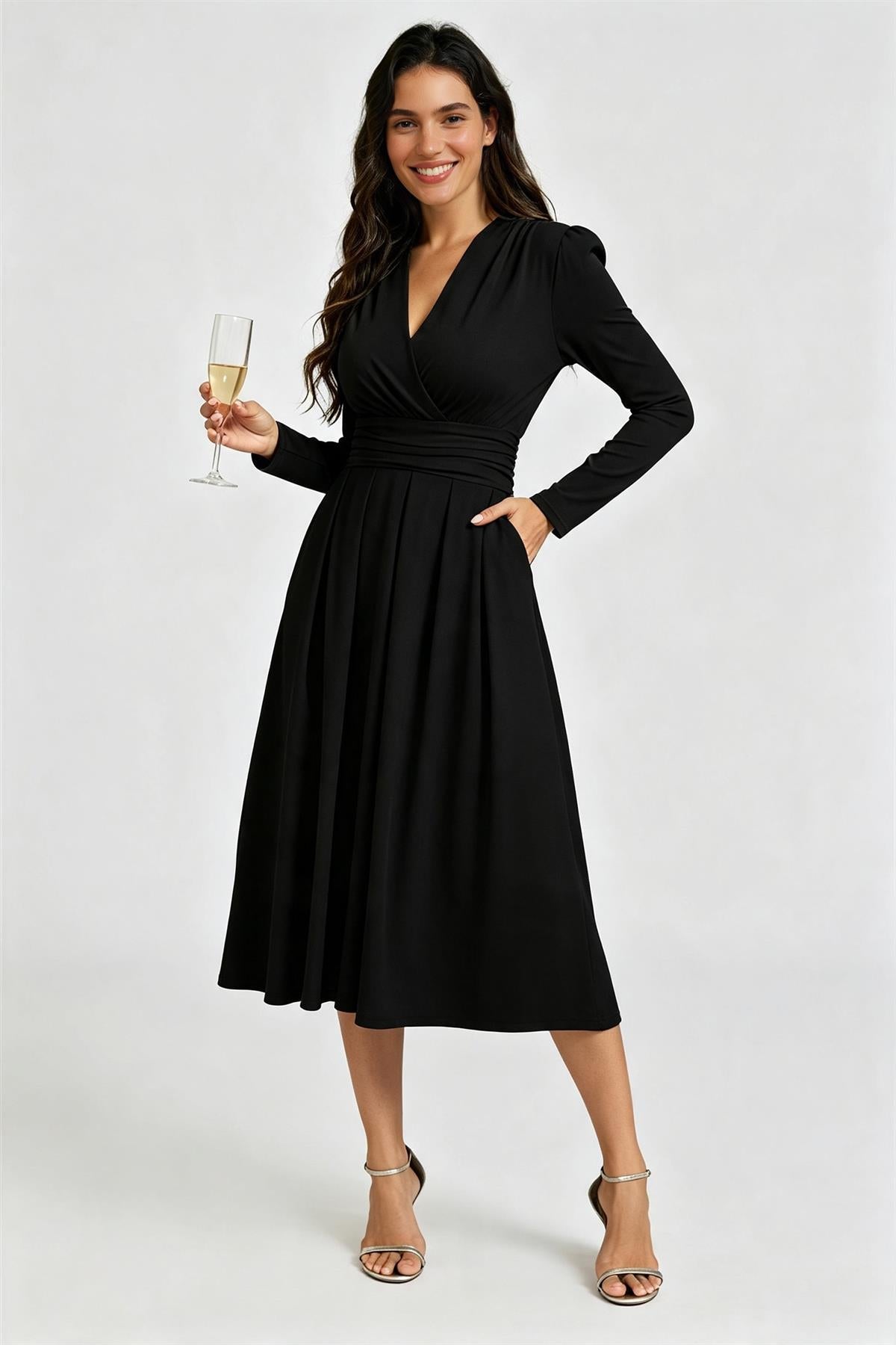 Jersey Long Sleeve Midi Dress In Black FS896
