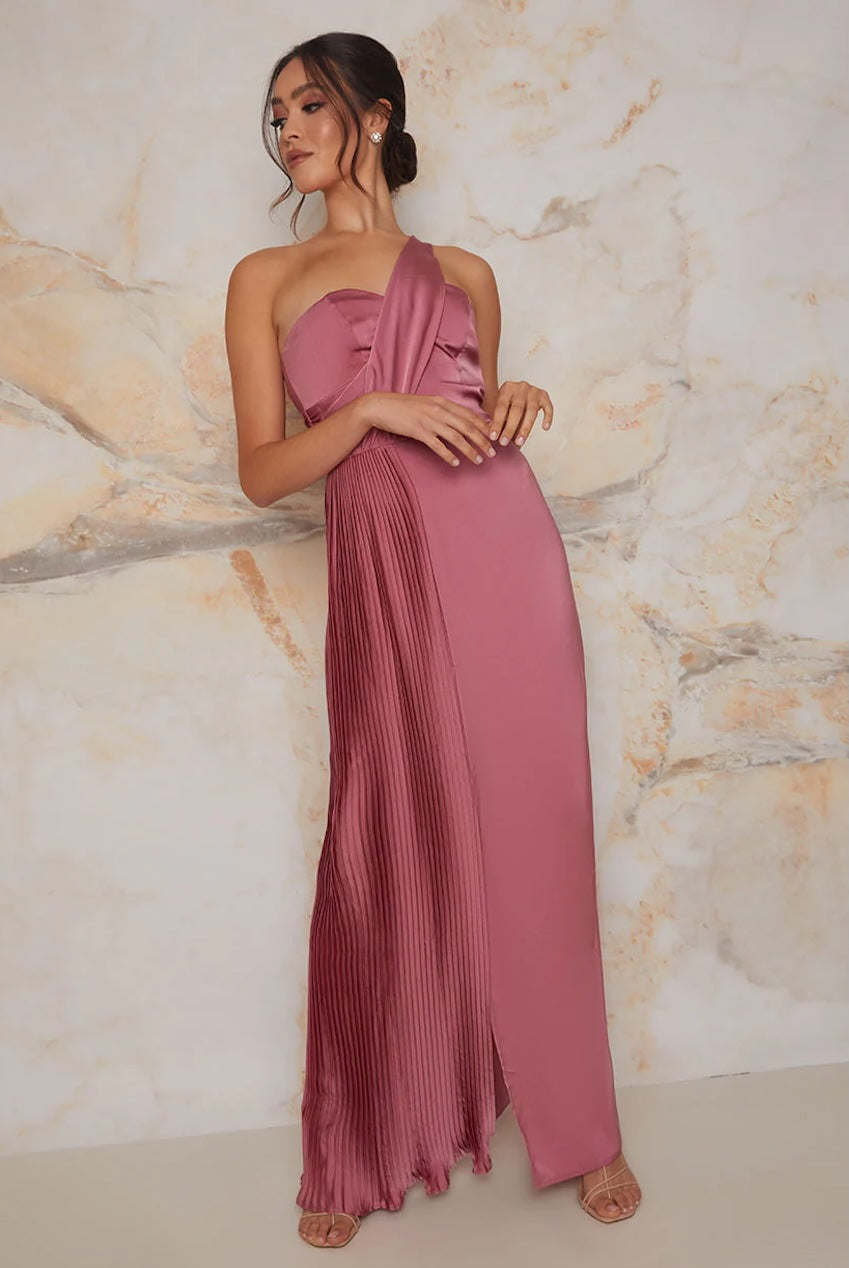 Pleated Satin One Shoulder Bridesmaid Maxi Dress In Pink 71002PI