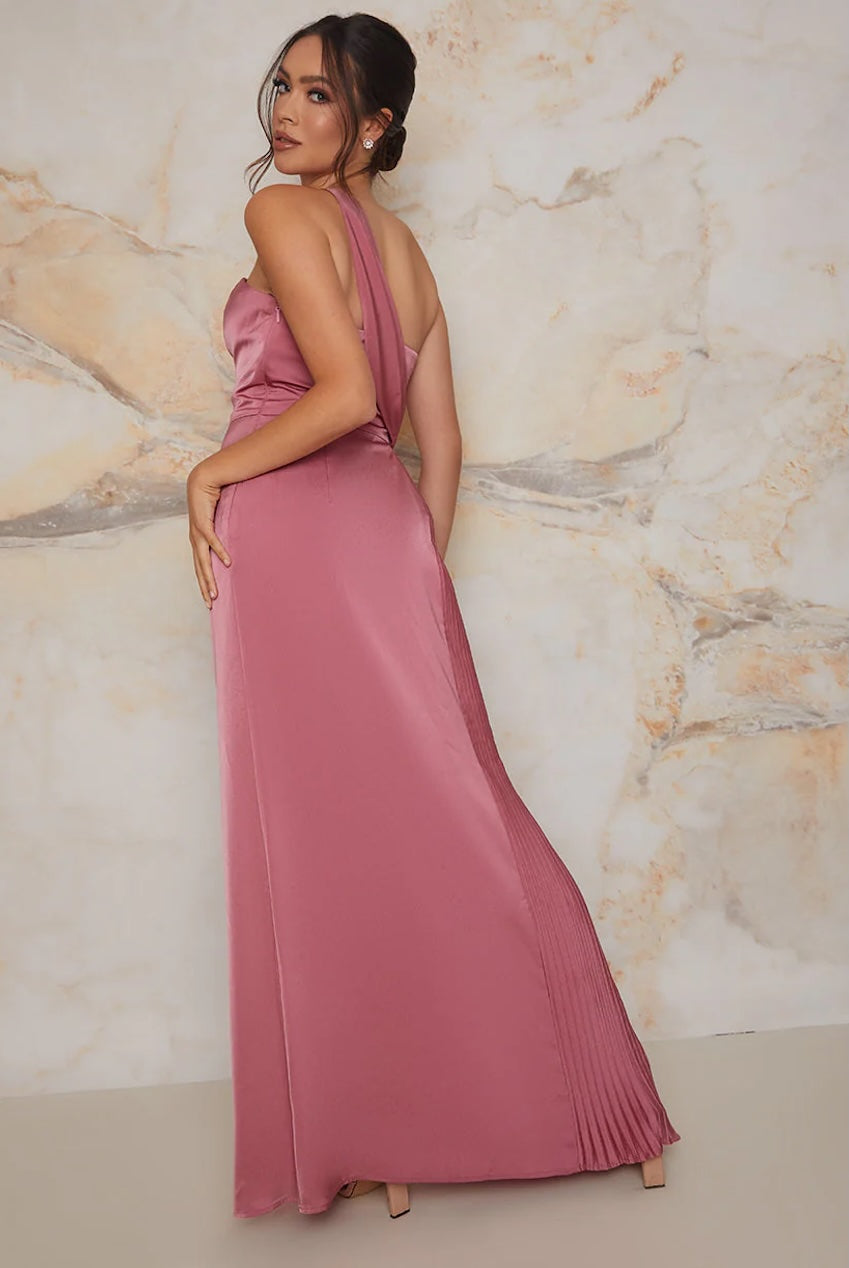 Pleated Satin One Shoulder Bridesmaid Maxi Dress In Pink 71002PI