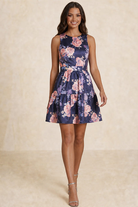 Floral Printed Tiered Skirt Mini Dress In Navy by Chi Chi London