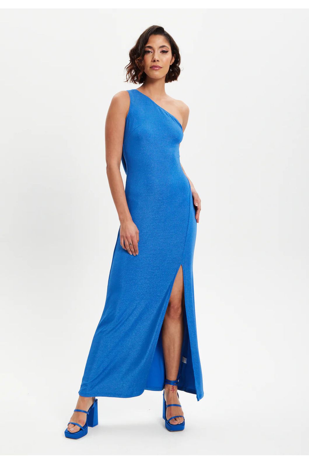 Blue Lurex One Shoulder Jersey Maxi Dress With Long Slit LIQPARTY010