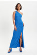 Liquorish Blue Lurex One Shoulder Jersey Maxi Dress With Long Slit