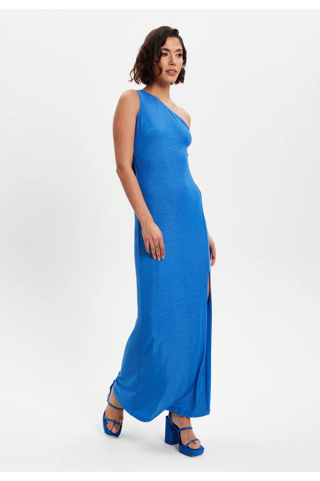 Blue Lurex One Shoulder Jersey Maxi Dress With Long Slit LIQPARTY010
