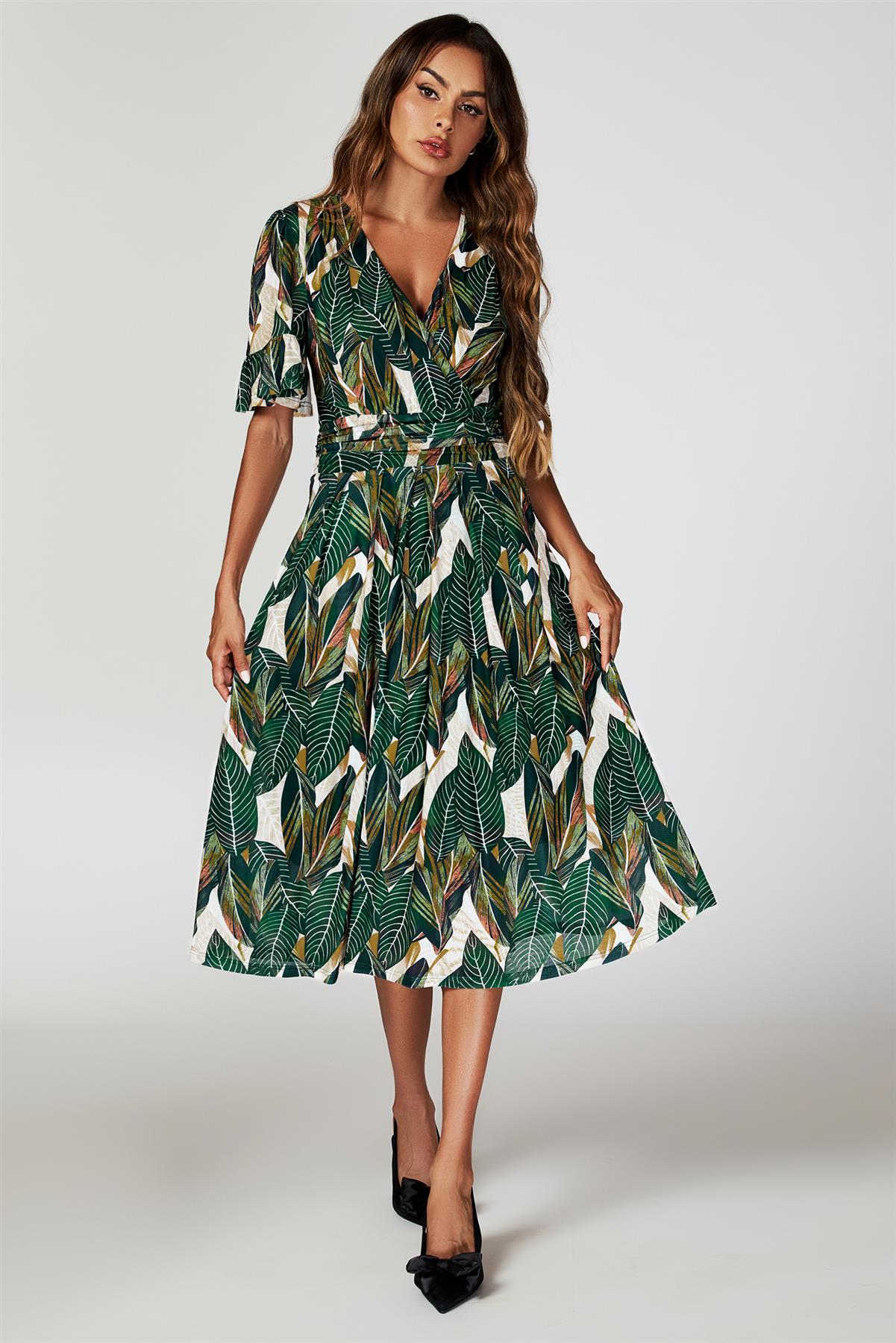 Leaf Print Mesh Midi Dress In Green FS739