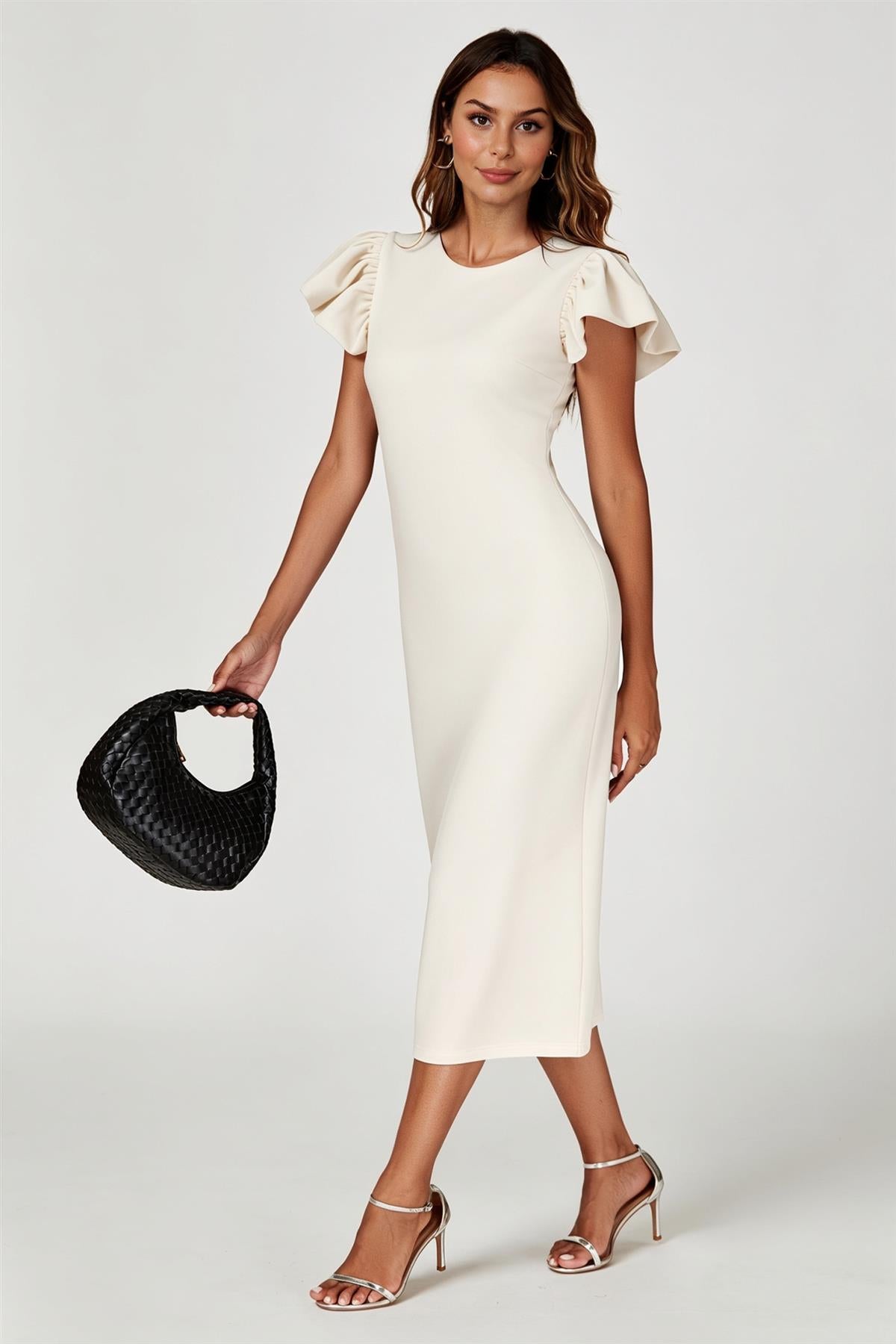 Volume Sleeve Bodycon Midi Dress In Off White FS770