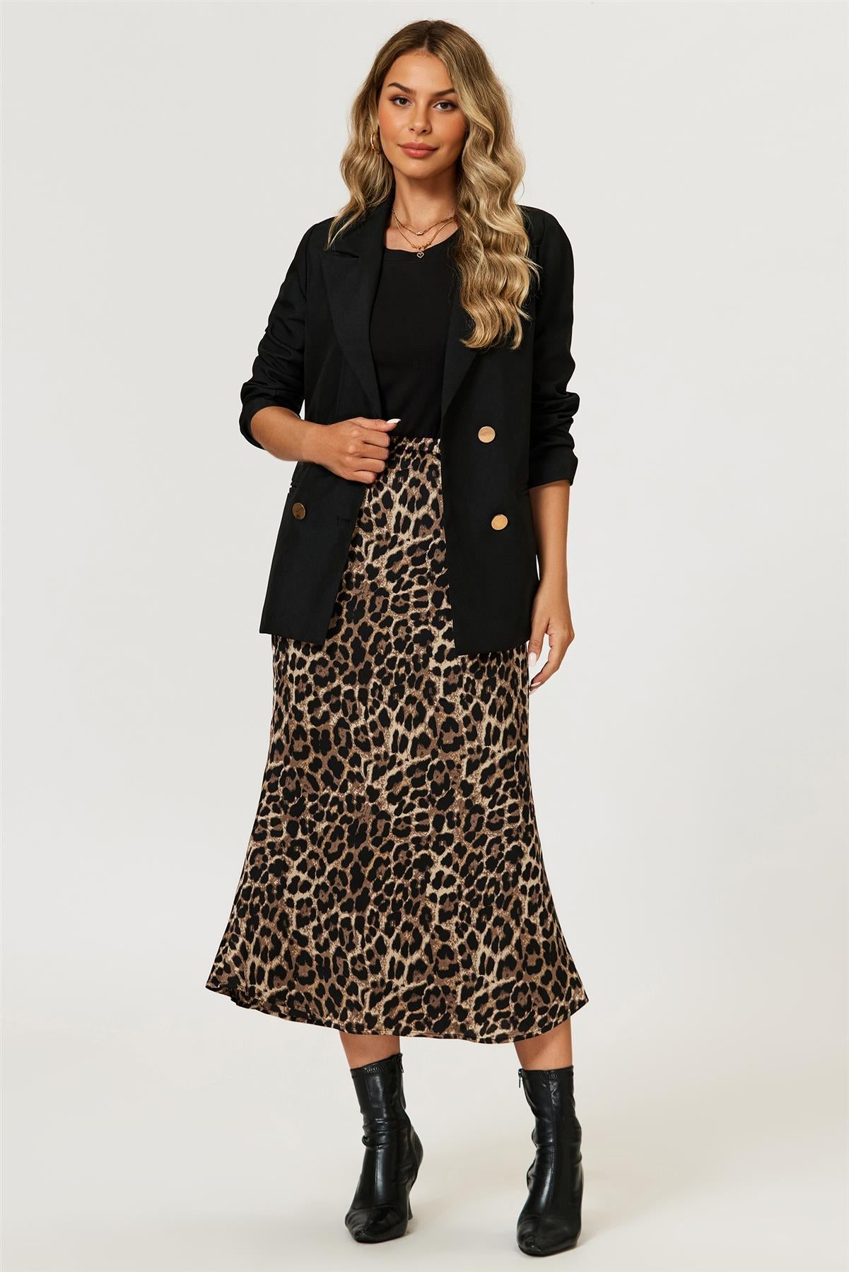 Leopard Print Satin Midi Skirt In Brown FS879-Leopard