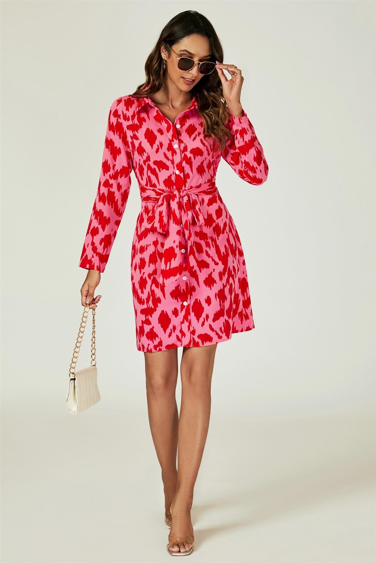 Abstract Print Shirt Mini Wrap Dress In Pink FS515-PAP