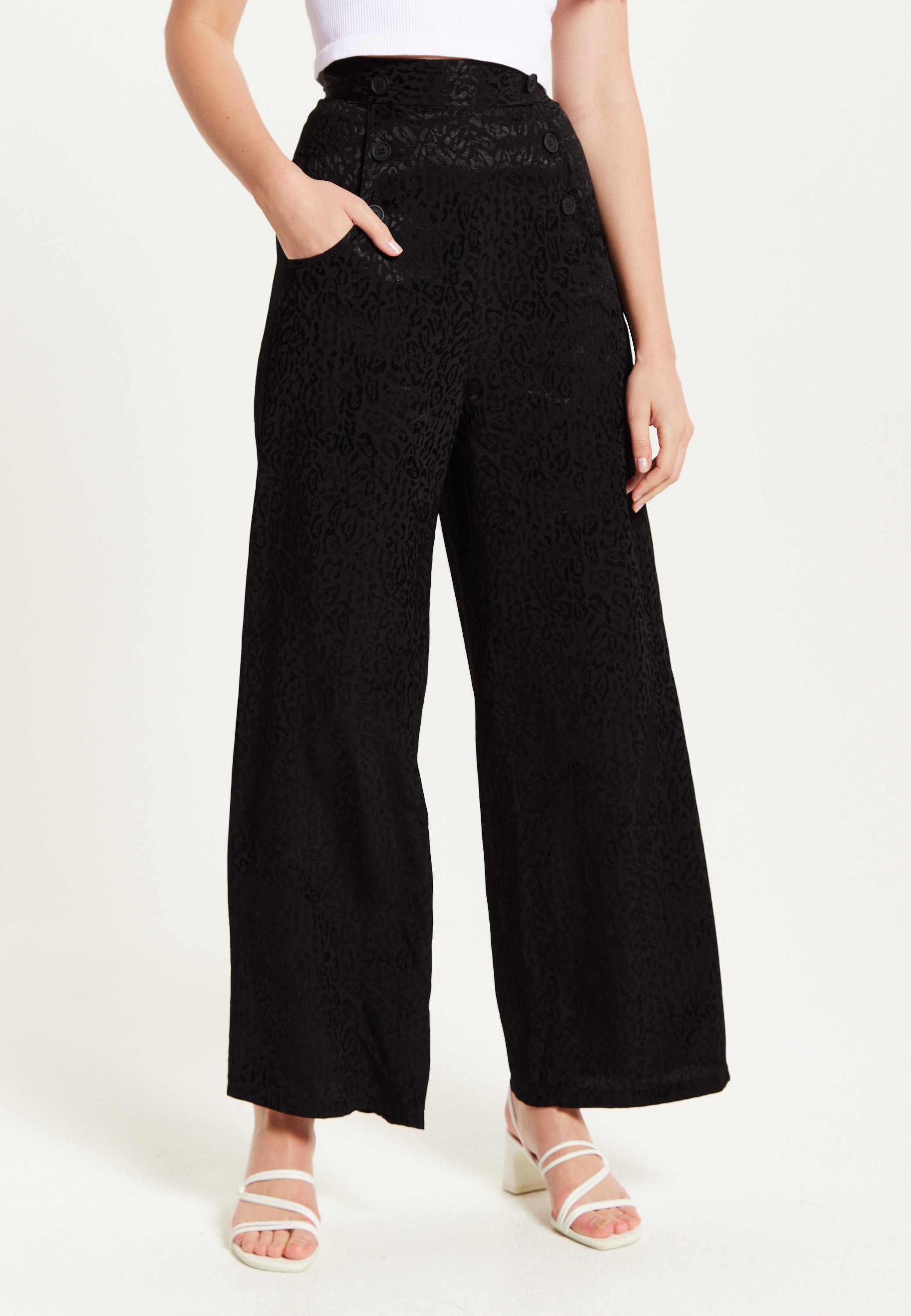High Waist Black Animal Print Wide Leg LIQ23AW096