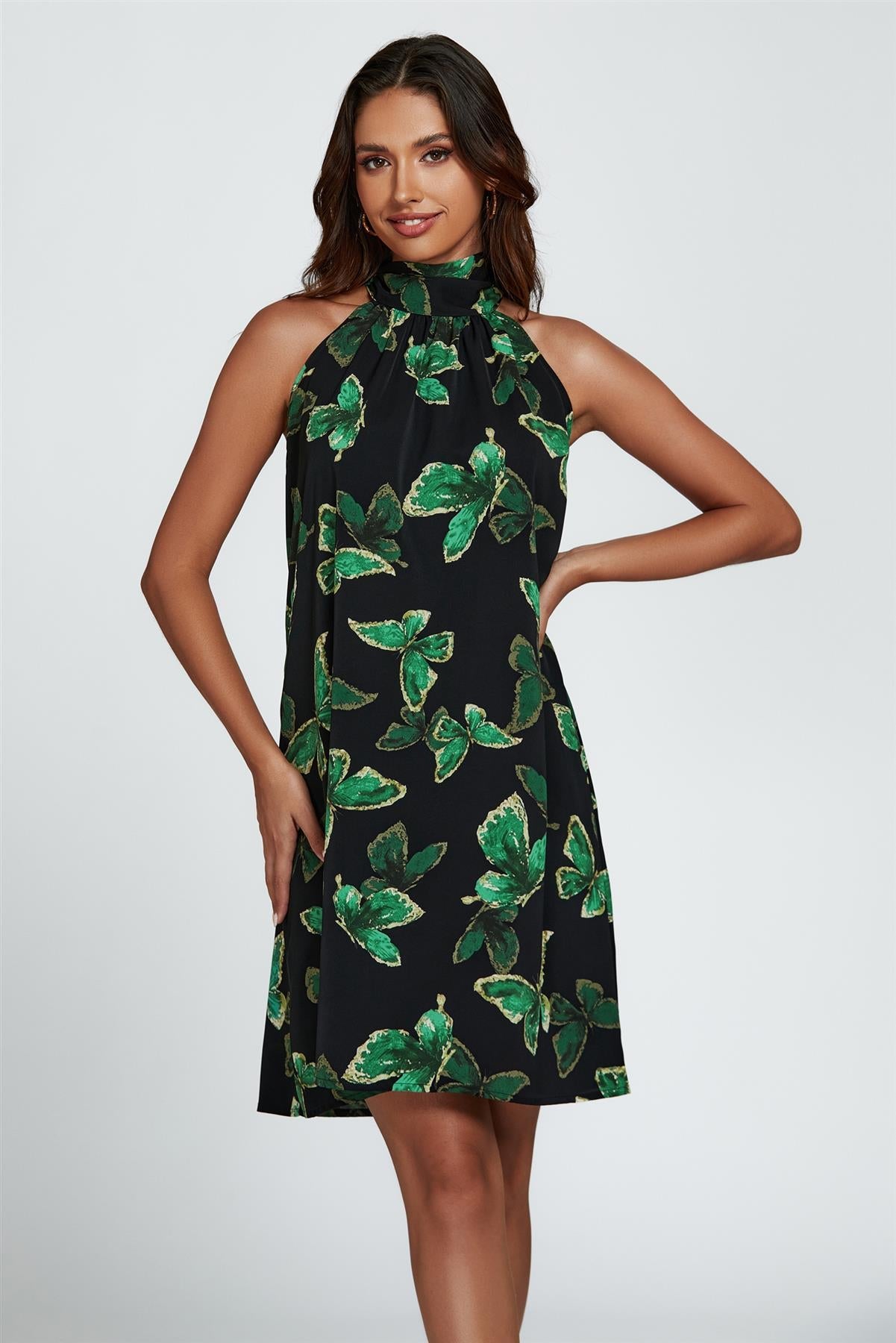 Butterfly Print Halter Neck Tie Back Mini Dress In Green FS455-GB