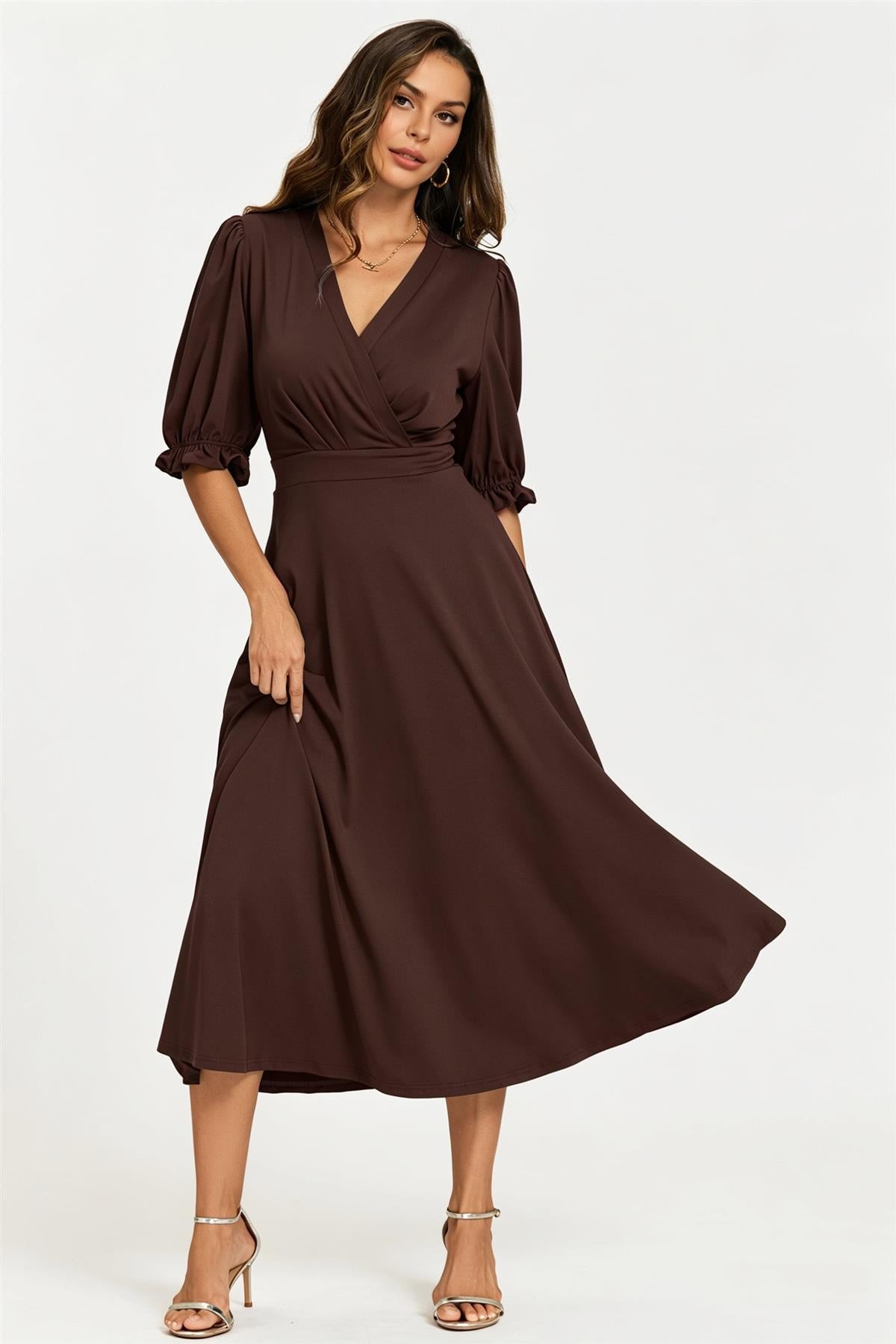 Half Sleeves Jersey Midi Dress With Wrap Neckline In Chocolate FS898